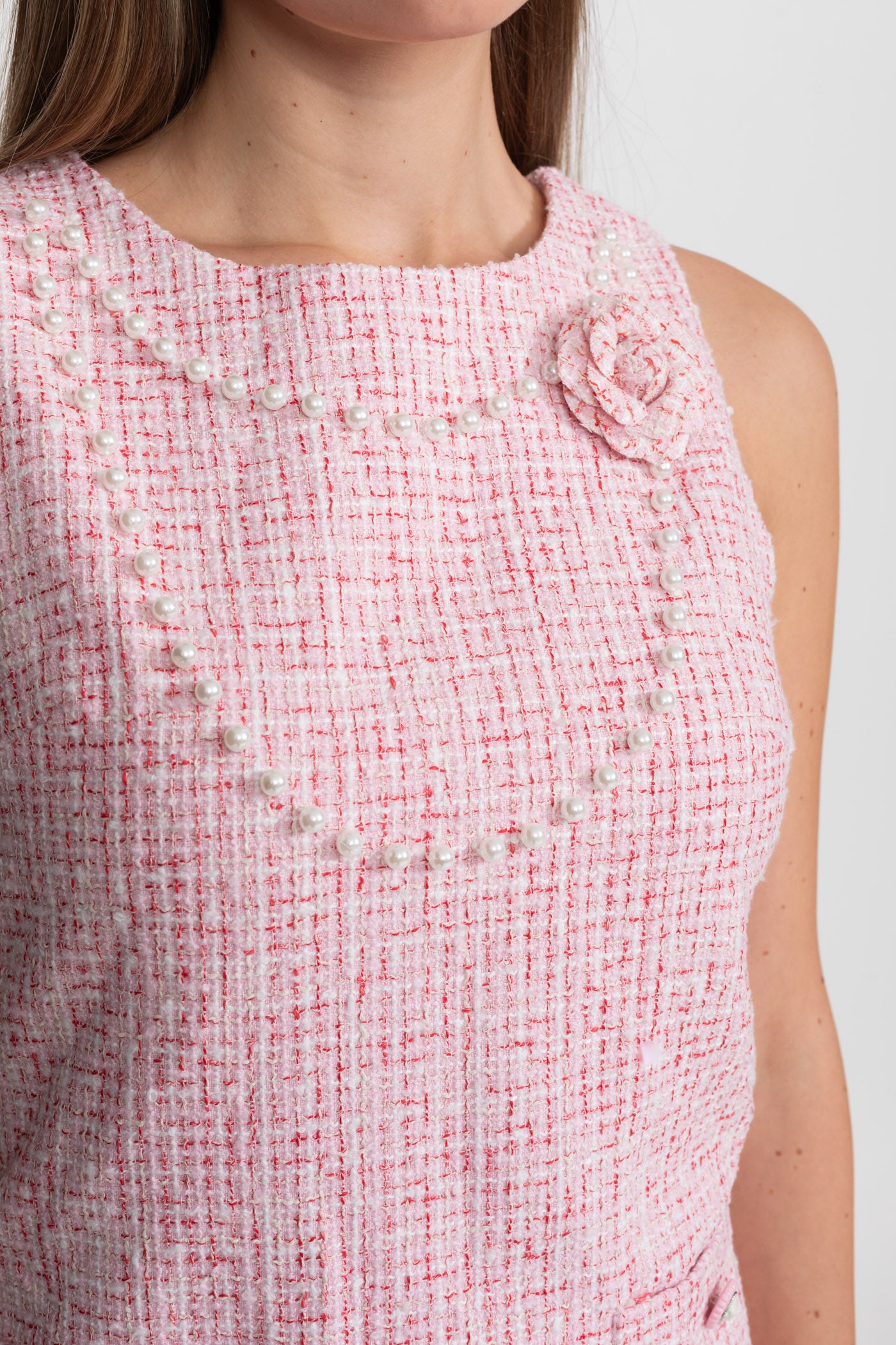 Ärmelloses Tweed-Minikleid mit Perlenbesatz – Pink
