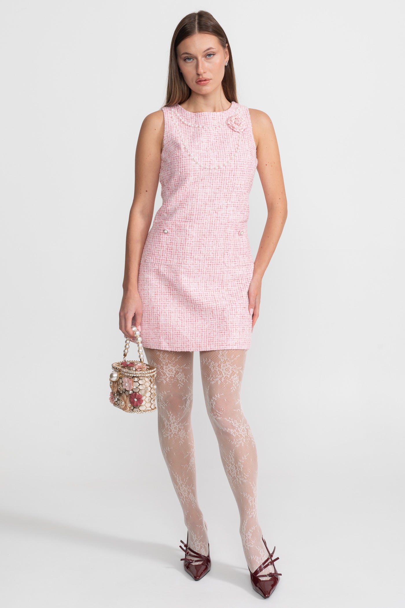 Ärmelloses Tweed-Minikleid mit Perlenbesatz – Pink
