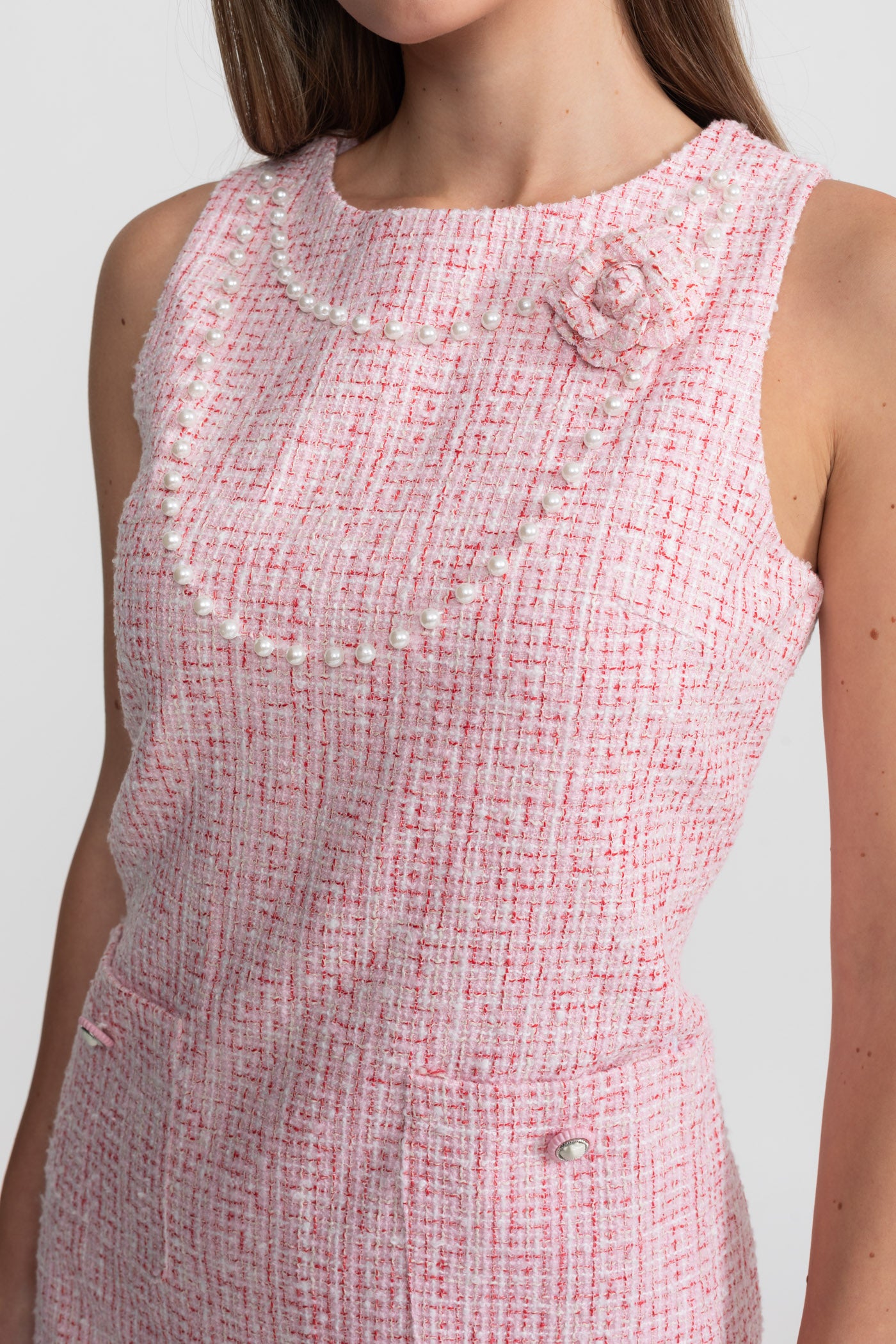 Ärmelloses Tweed-Minikleid mit Perlenbesatz – Pink