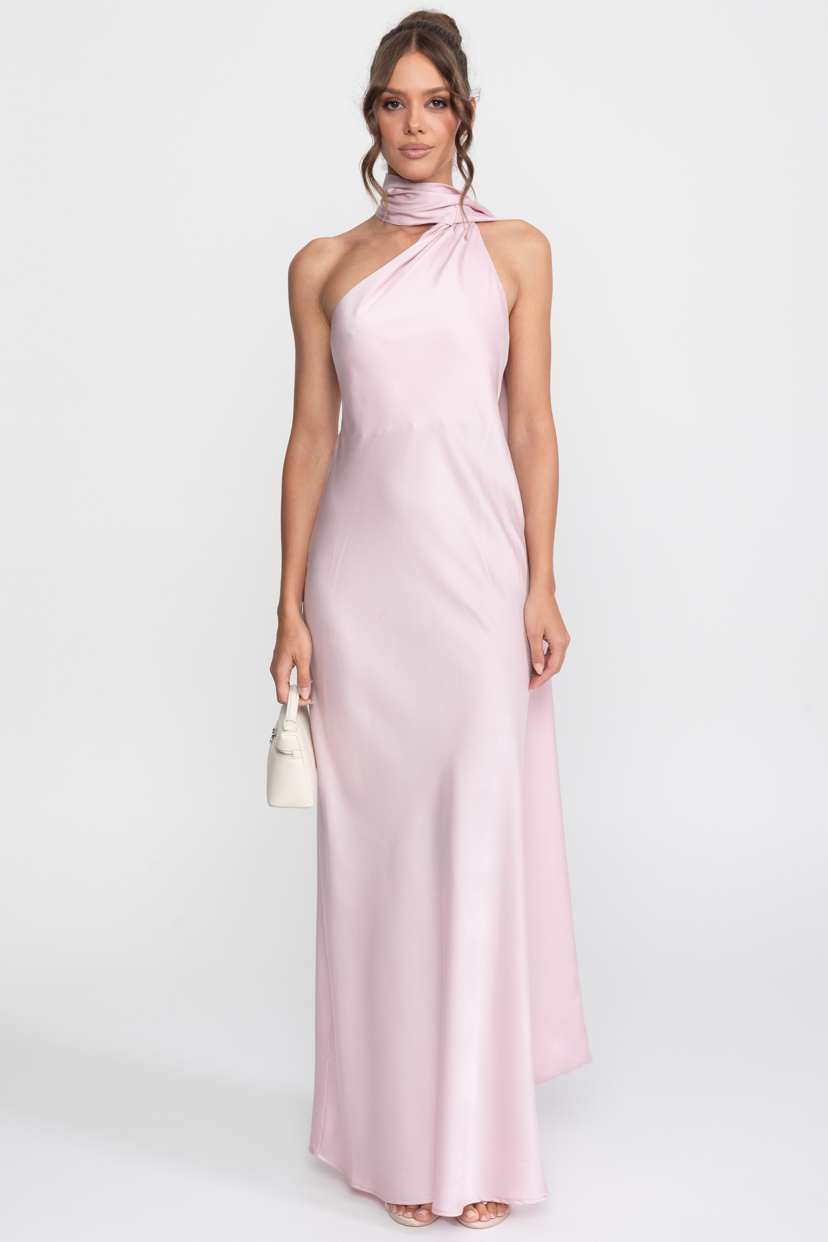 Twist-Halter-Satin-Slipkleid mit asymmetrischem Ausschnitt - Pink
