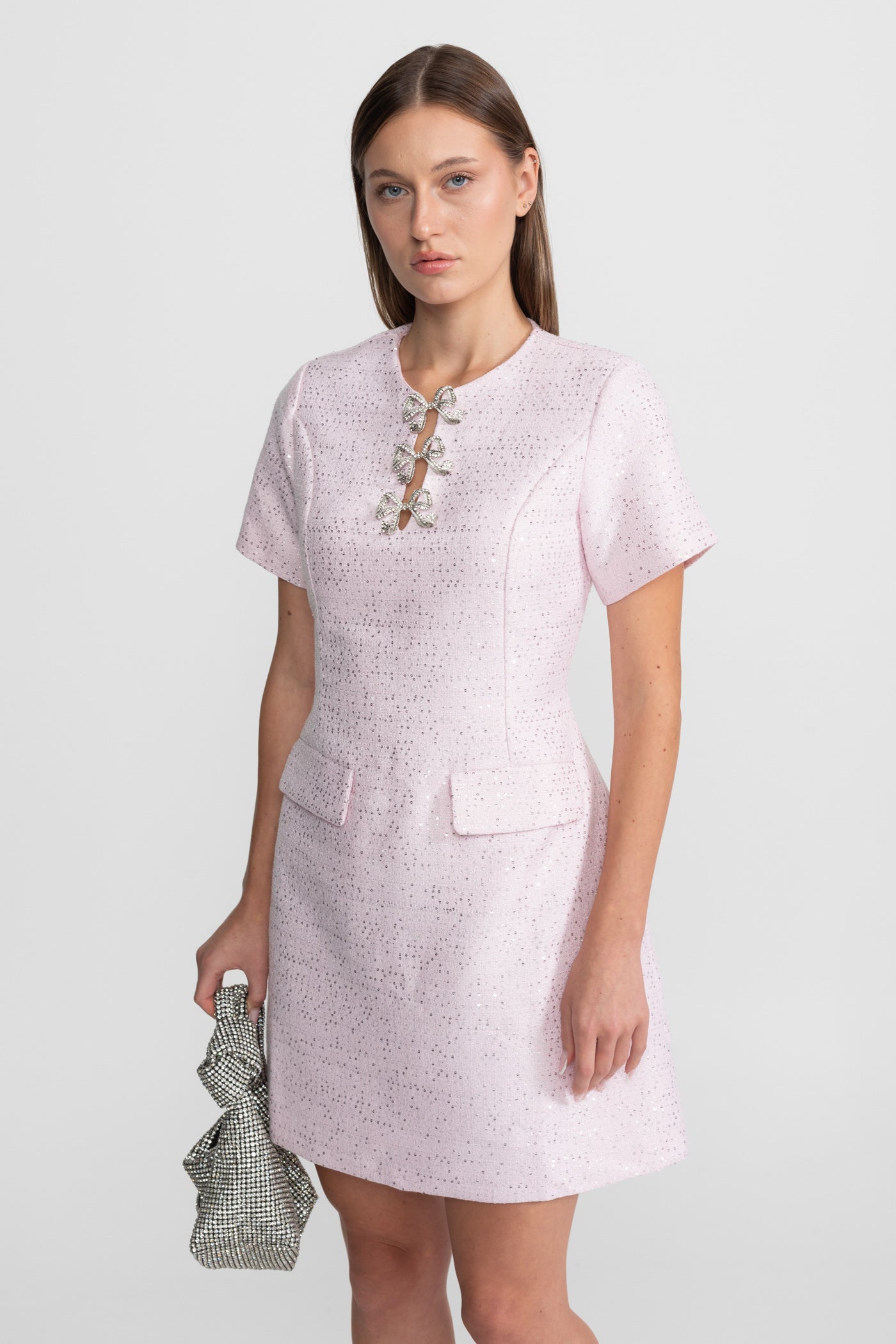 Pailletten-Minikleid mit Kristallschleifen-Akzenten - Pink