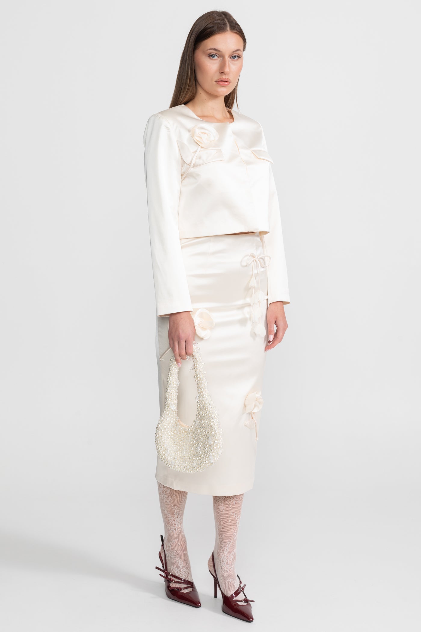 Taffeta-Bleistiftrock mit Schleife und floralen Details – Ivoire