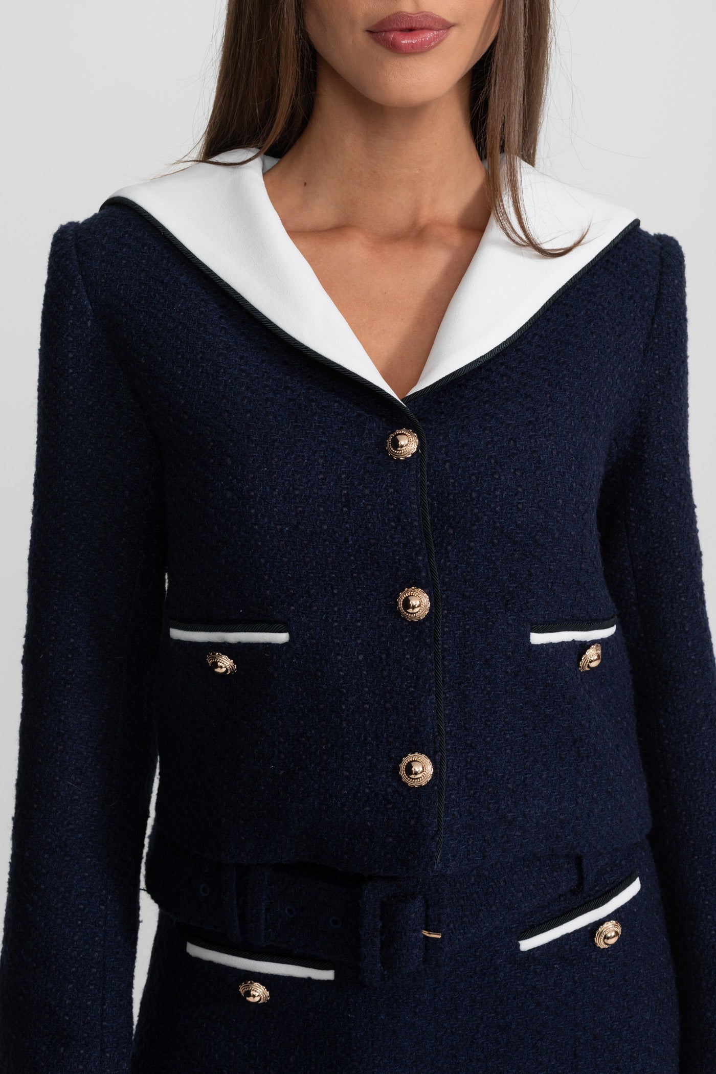 Tweed-Cropped-Jacke mit kontrastierendem Kragen - Navy