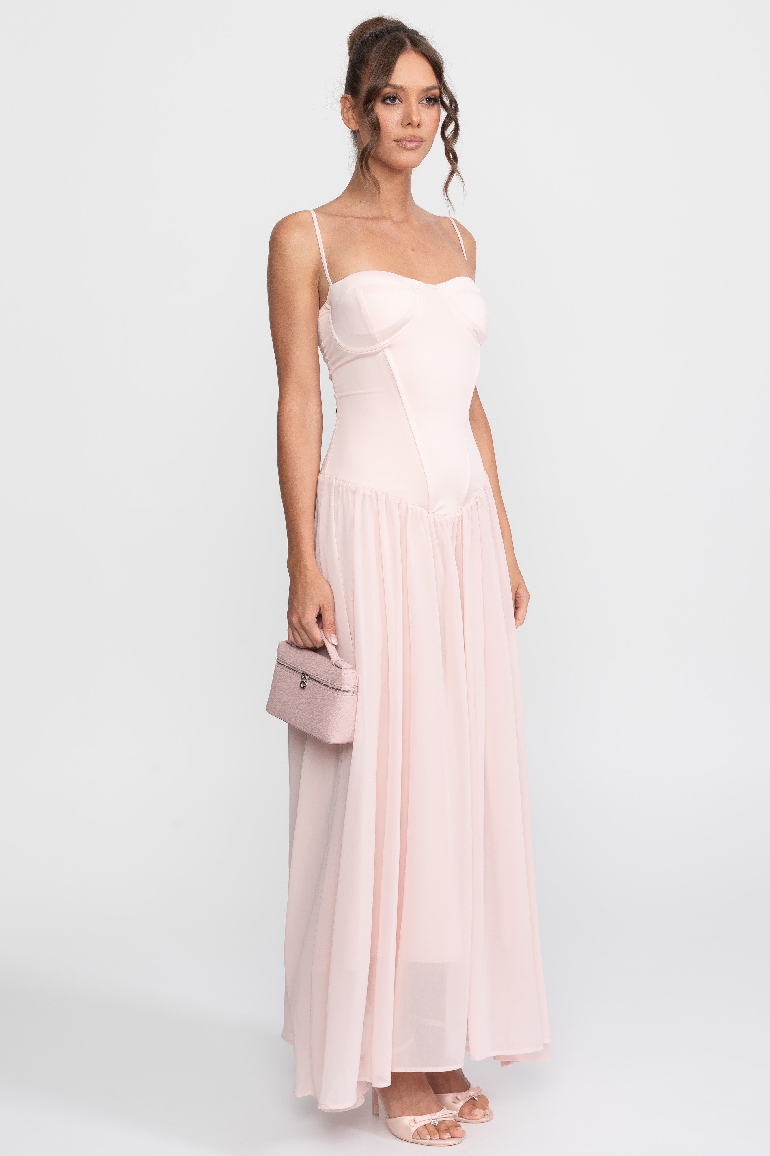 Chiffon-Abendkleid mit Korsett-Oberteil und tiefer Taille – Pink