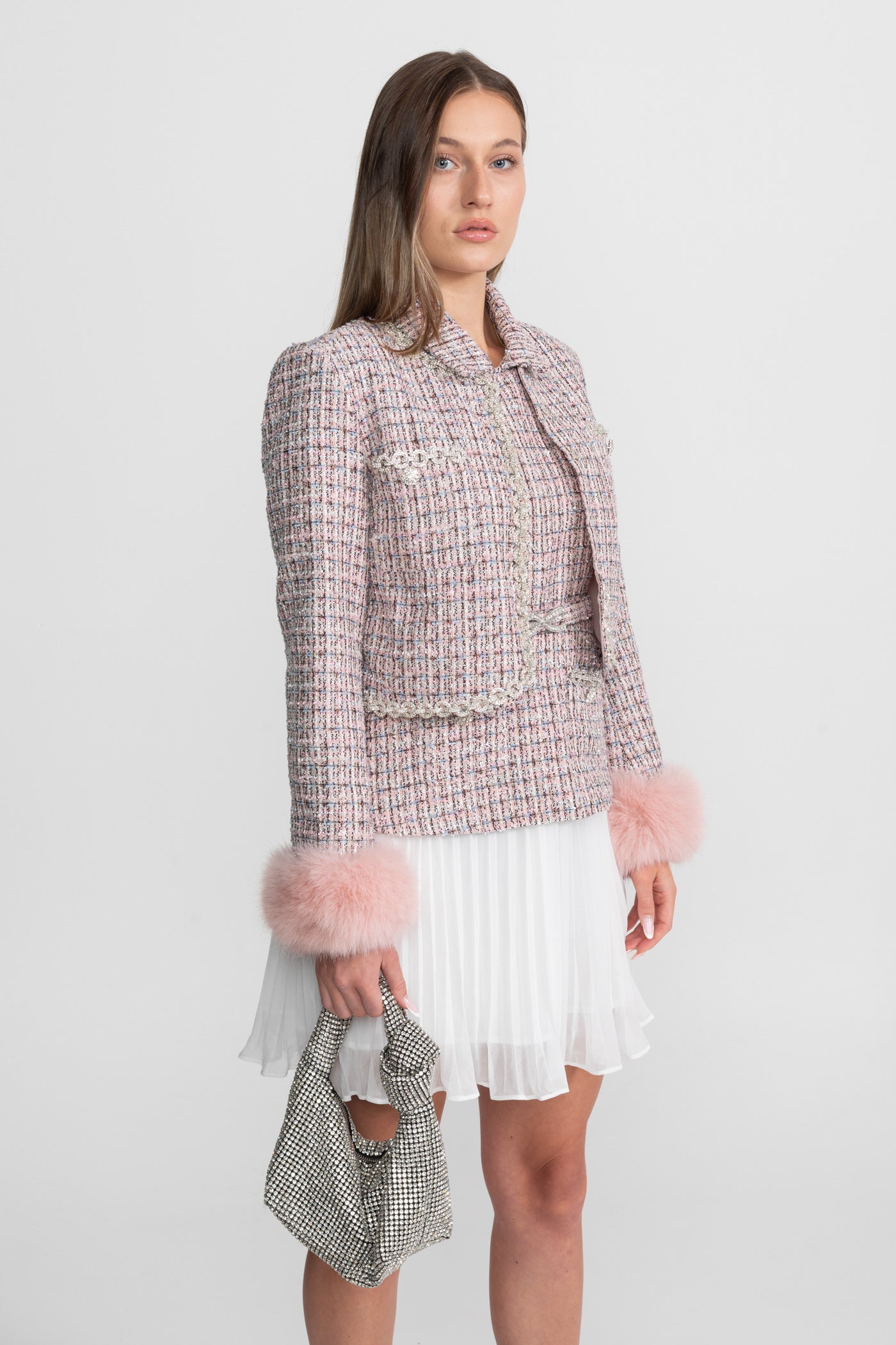 Tweed-Cropped-Jacke mit Kunstpelzmanschetten – Pink