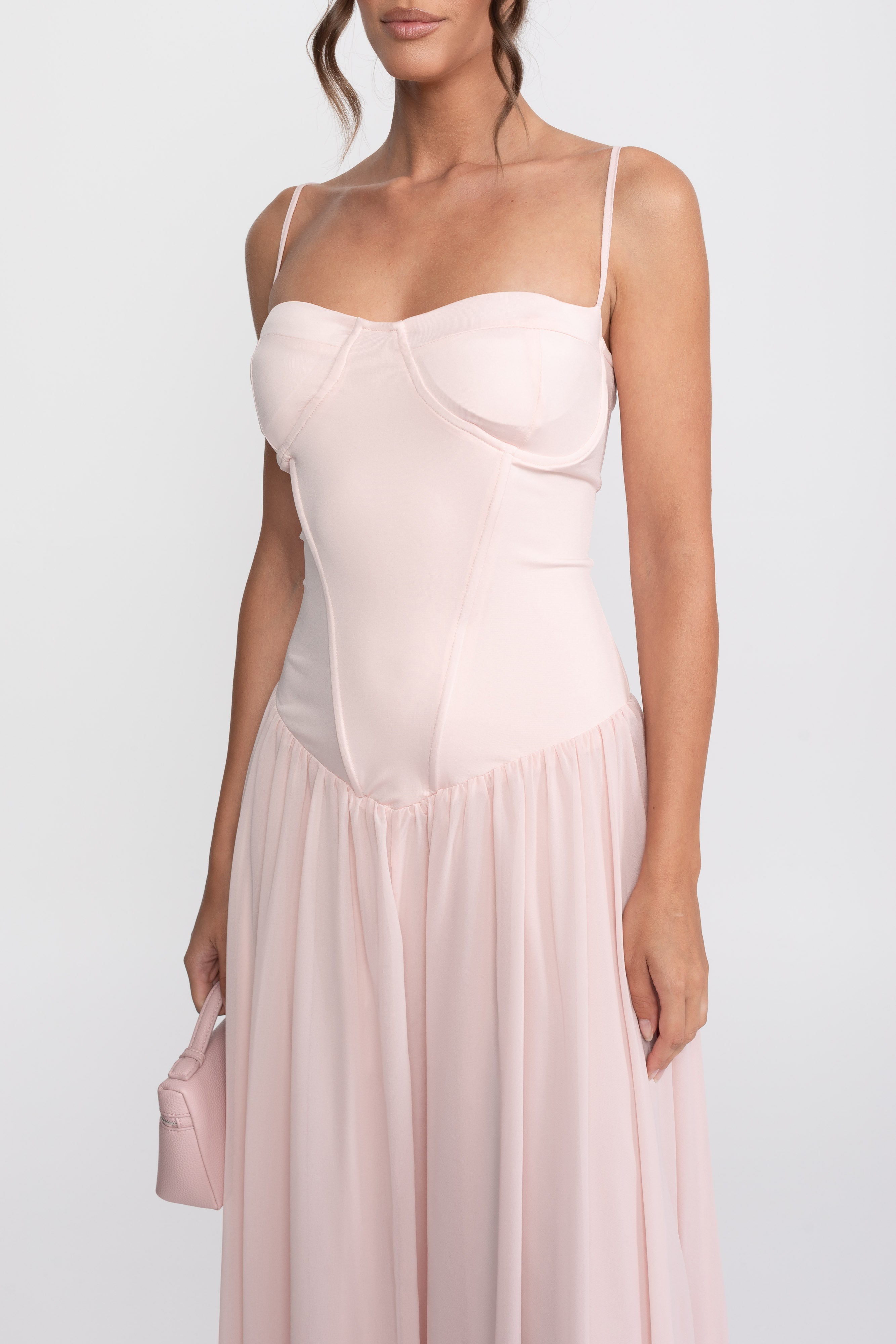 Chiffon-Abendkleid mit Korsett-Oberteil und tiefer Taille – Pink