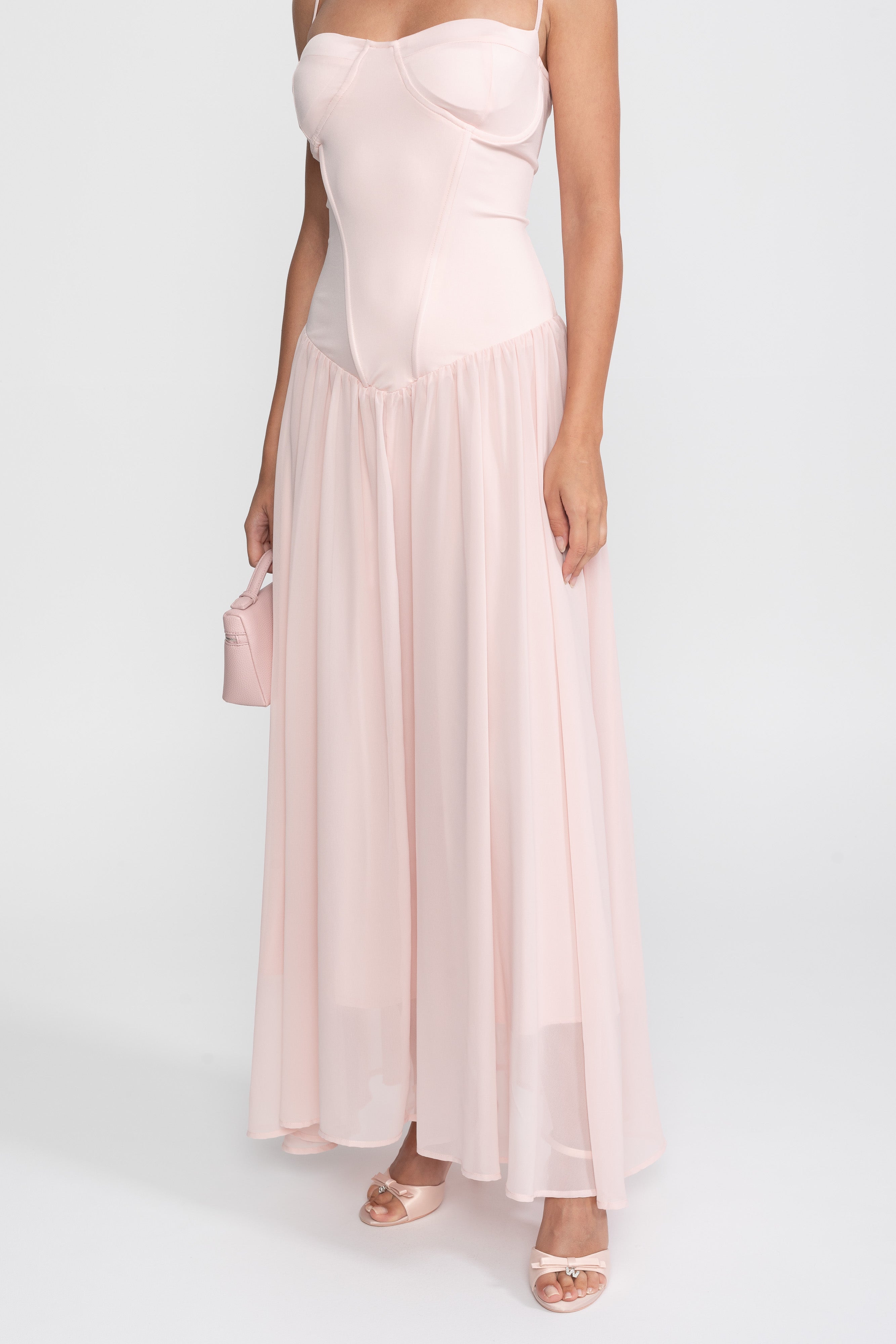 Chiffon-Abendkleid mit Korsett-Oberteil und tiefer Taille – Pink