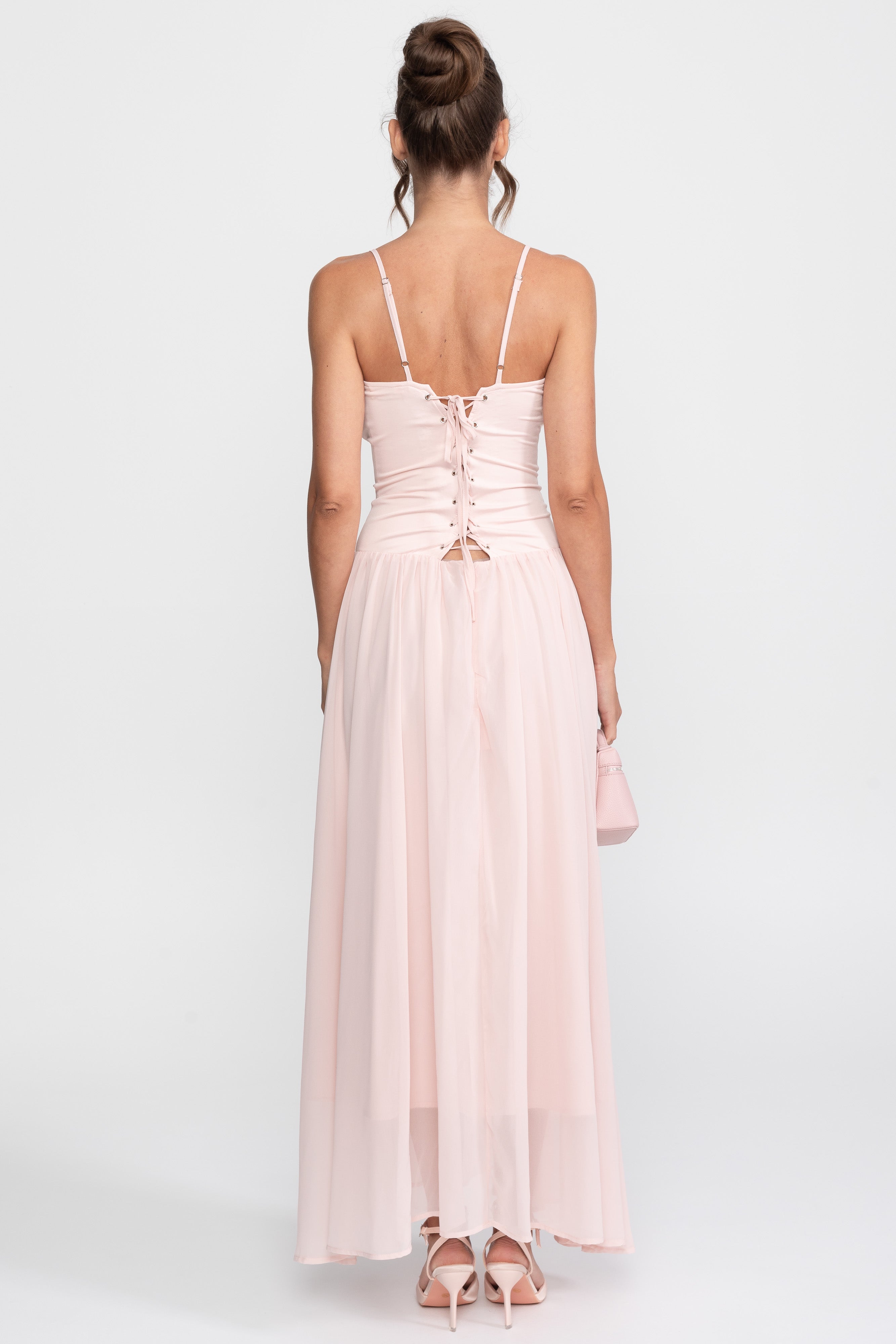 Chiffon-Abendkleid mit Korsett-Oberteil und tiefer Taille – Pink