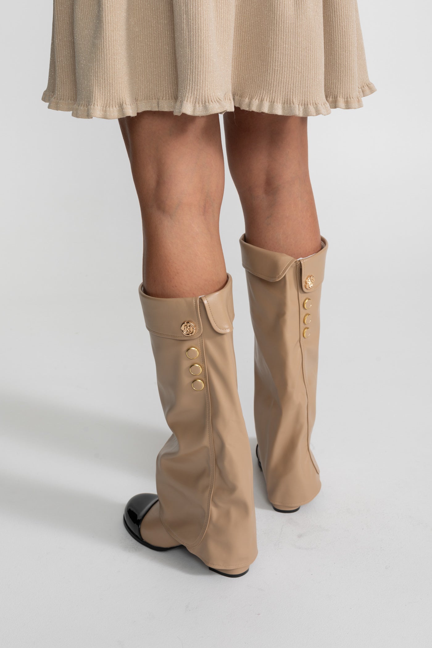Folded Knee-High Boots With Patent Cap Toe – Beige/Black