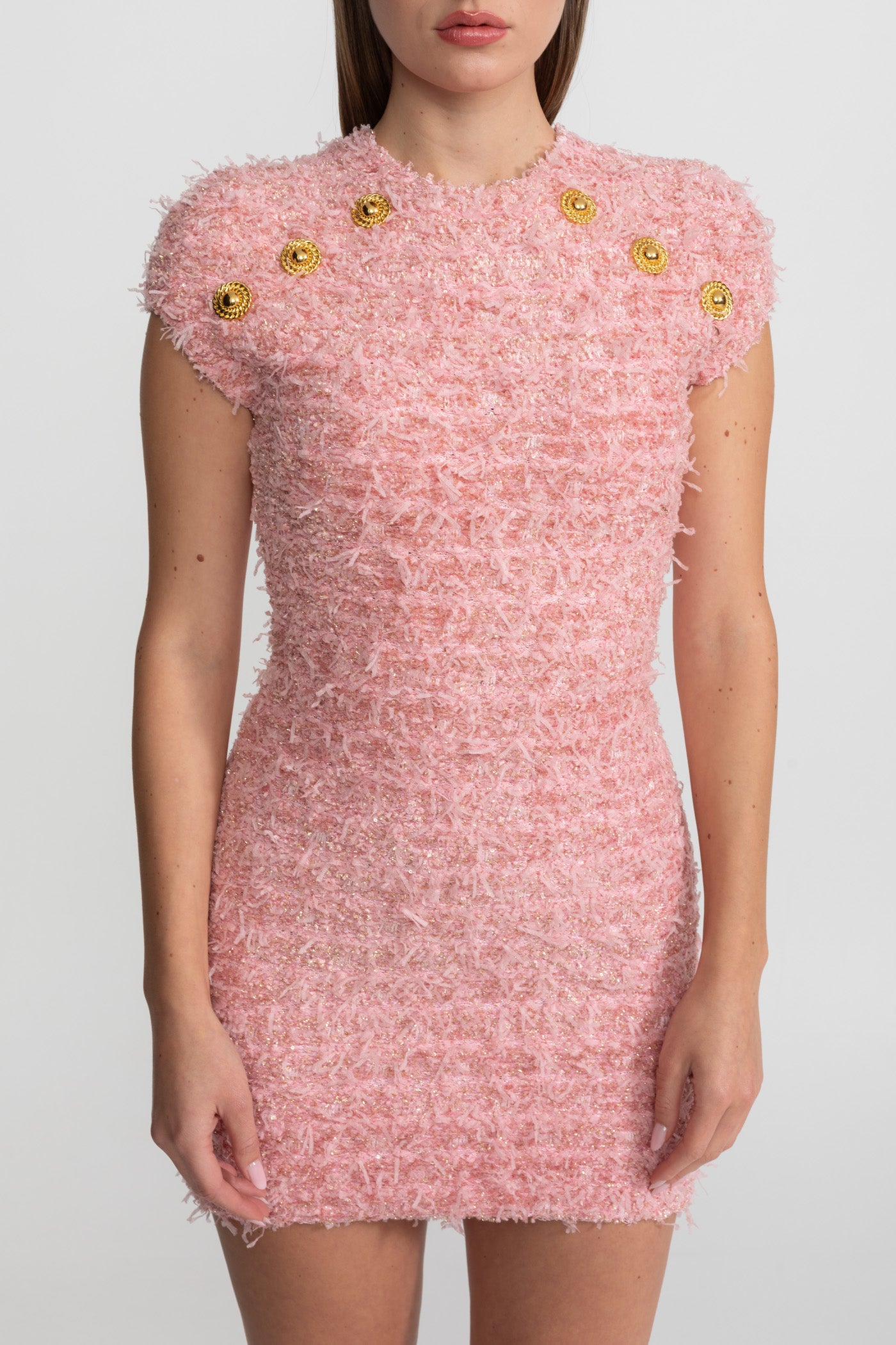 Texturiertes Tweed-Minikleid mit goldenen Knopfverzierungen – Pink
