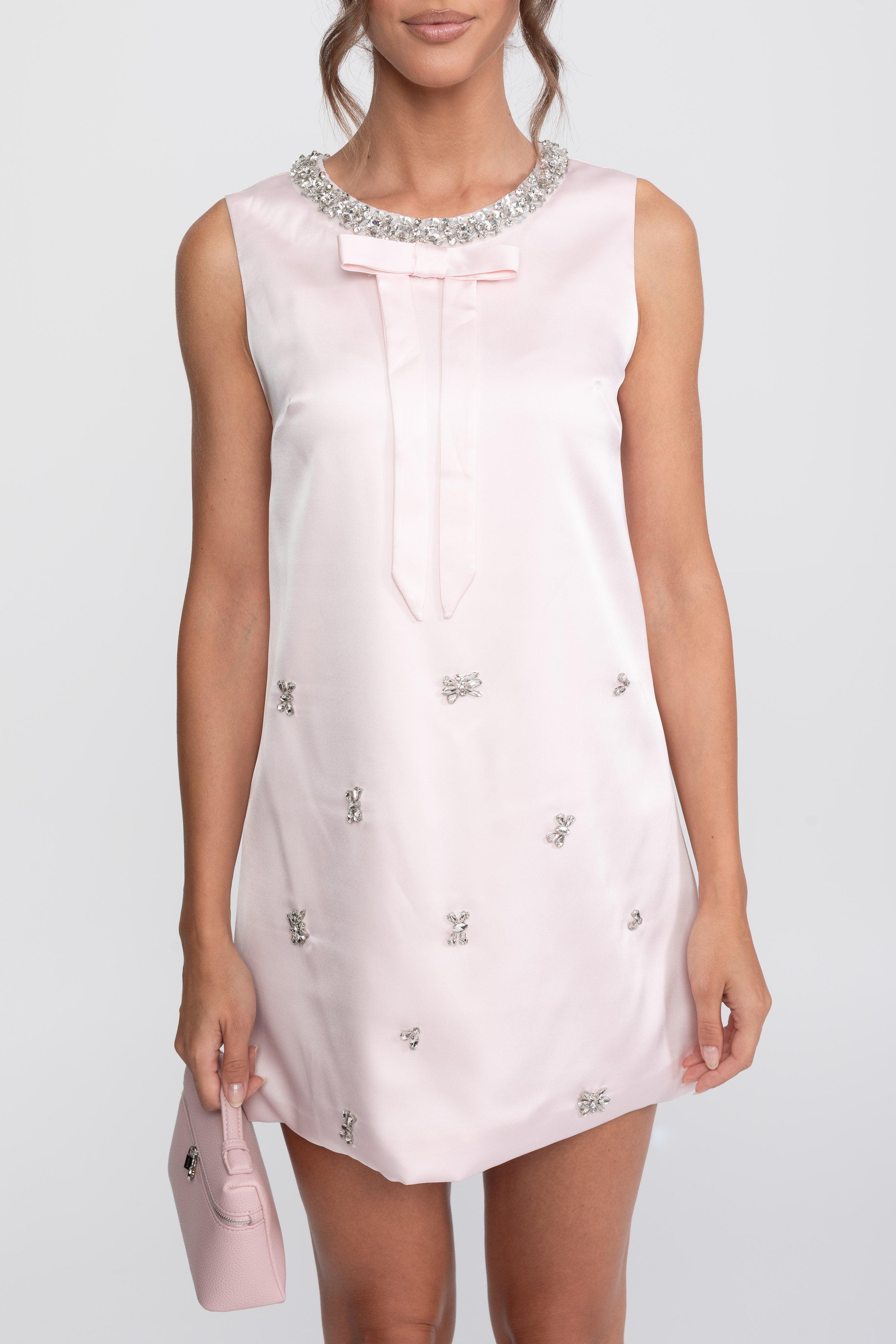 Crystal-verzierte Shift-Minikleid mit Satin-Schleife - Pink