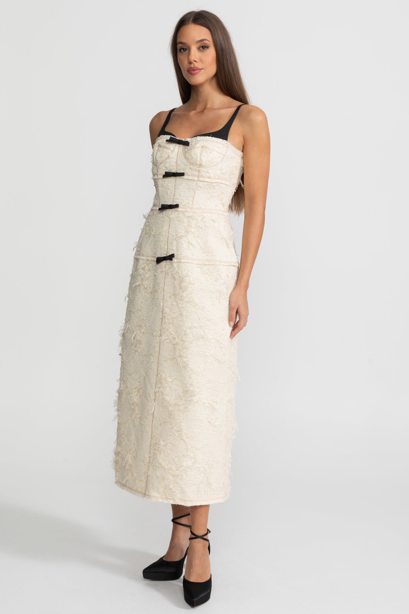 Textured Tweed Midi Dress With Contrast Straps and Bow Detailing – Ivoire