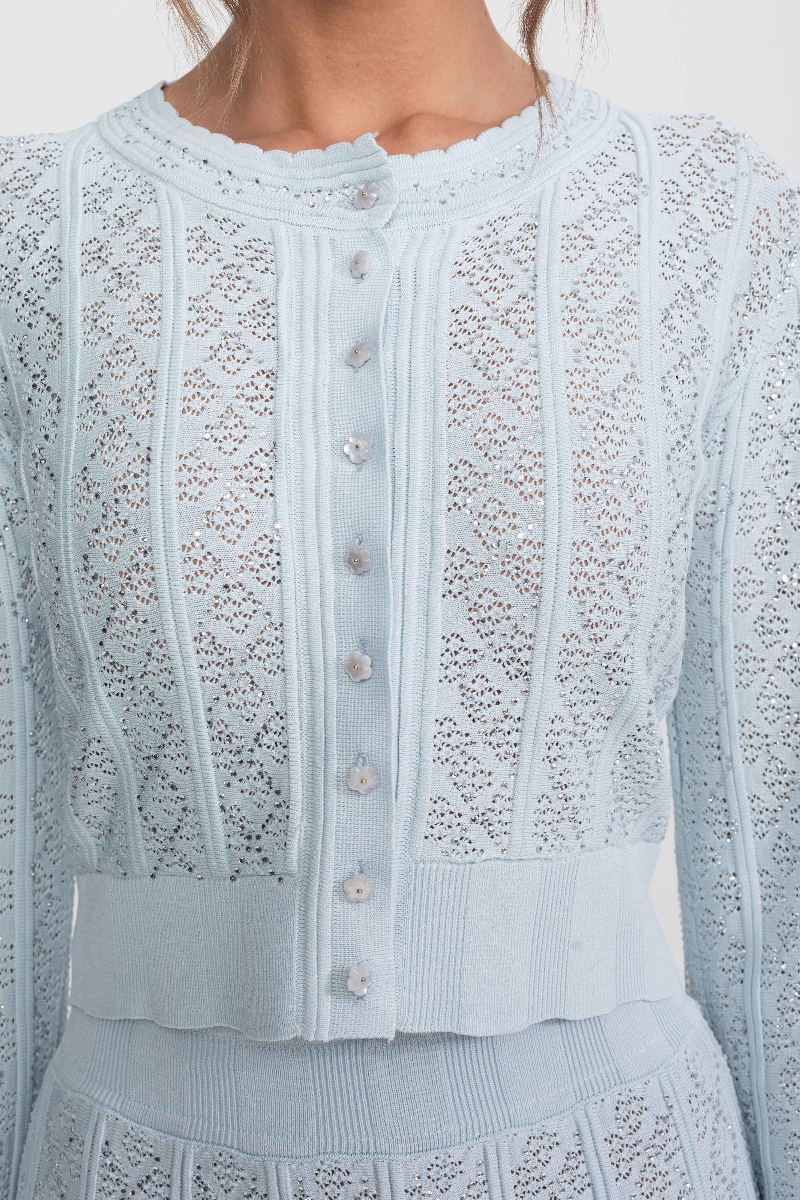 Eyelet-Strick-Set mit Cardigan und Maxirock - Hellblau