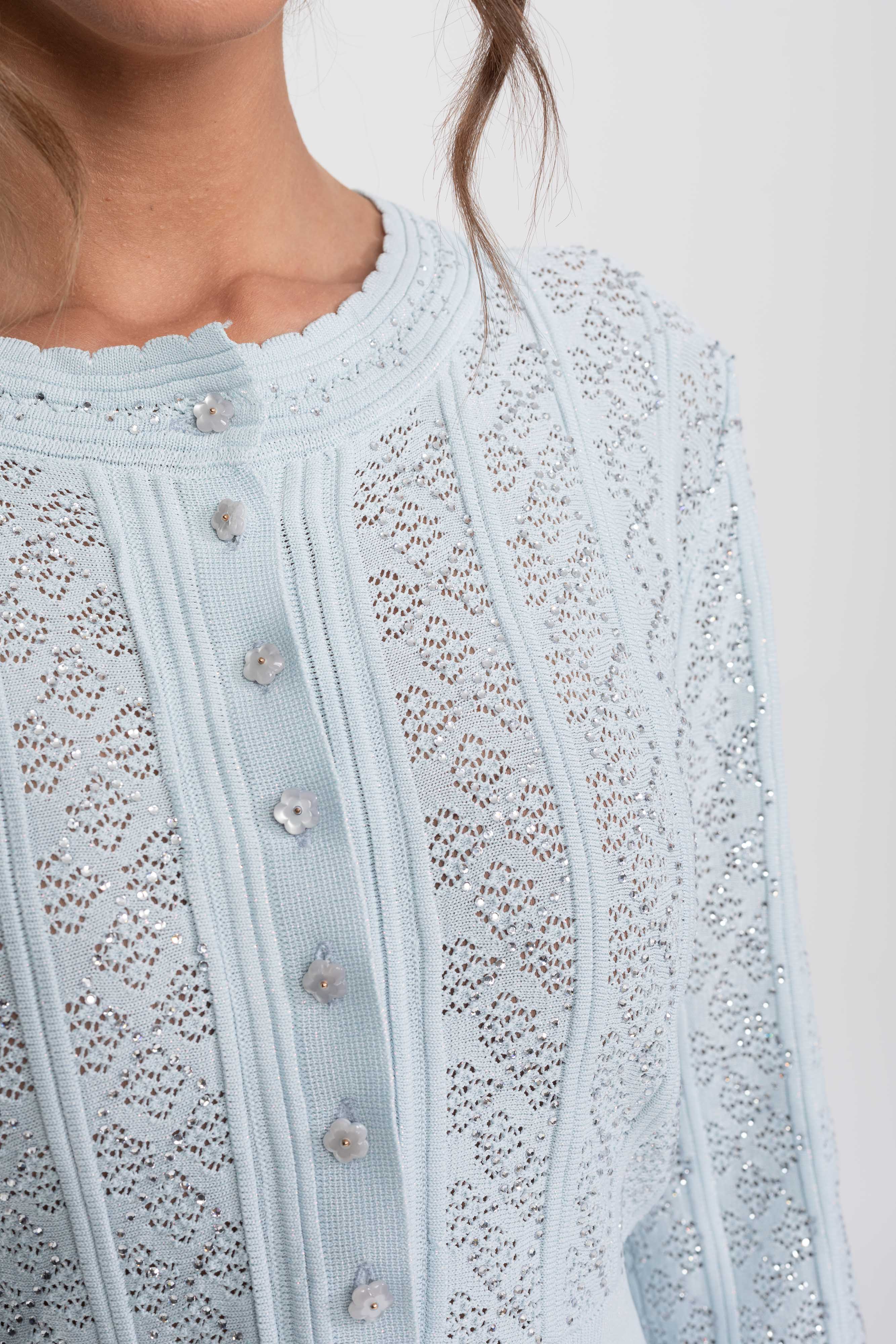 Eyelet-Strick-Set mit Cardigan und Maxirock - Hellblau