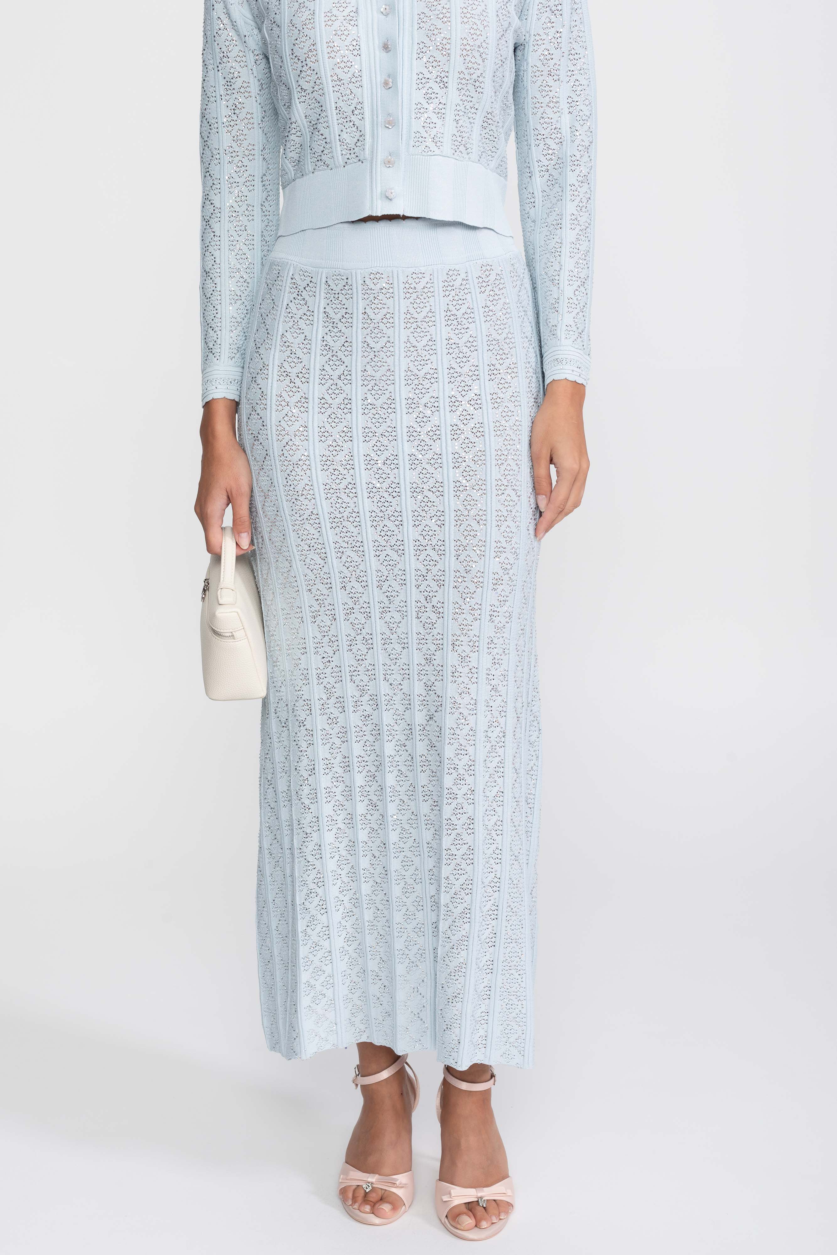 Eyelet-Strick-Set mit Cardigan und Maxirock - Hellblau