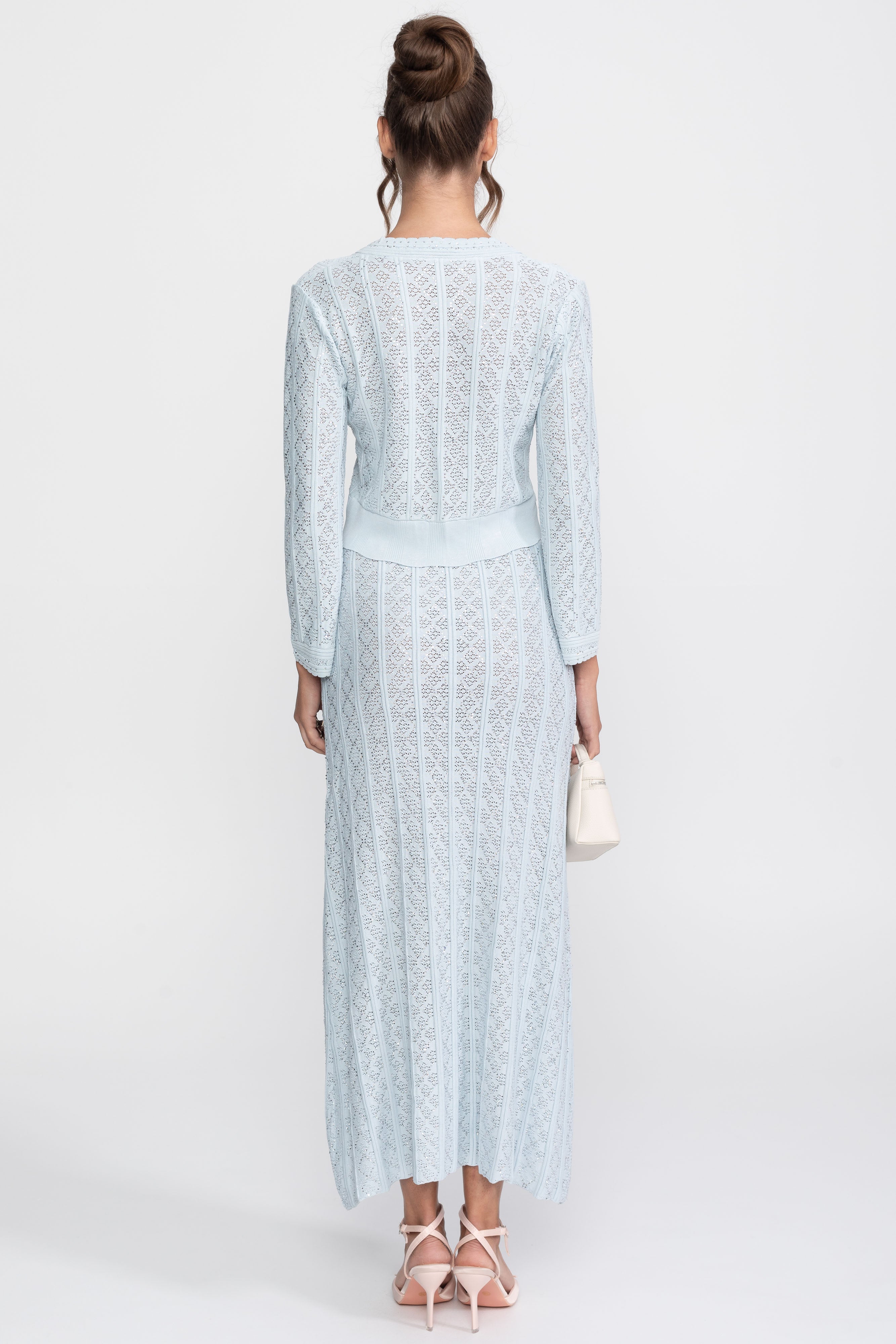 Eyelet-Strick-Set mit Cardigan und Maxirock - Hellblau