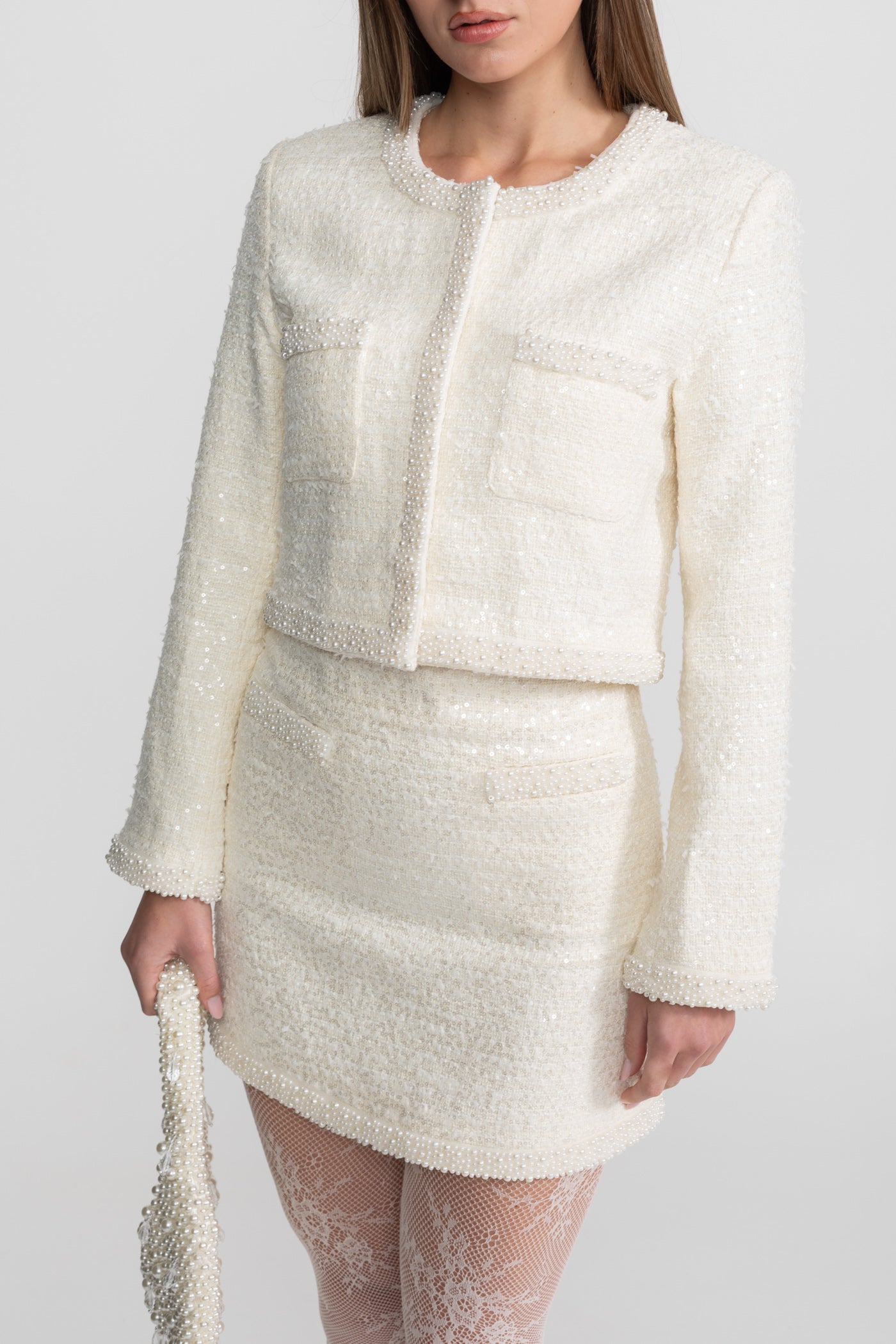 Tweed-Minirock mit Perlenbesatz und Saum - Ivoire