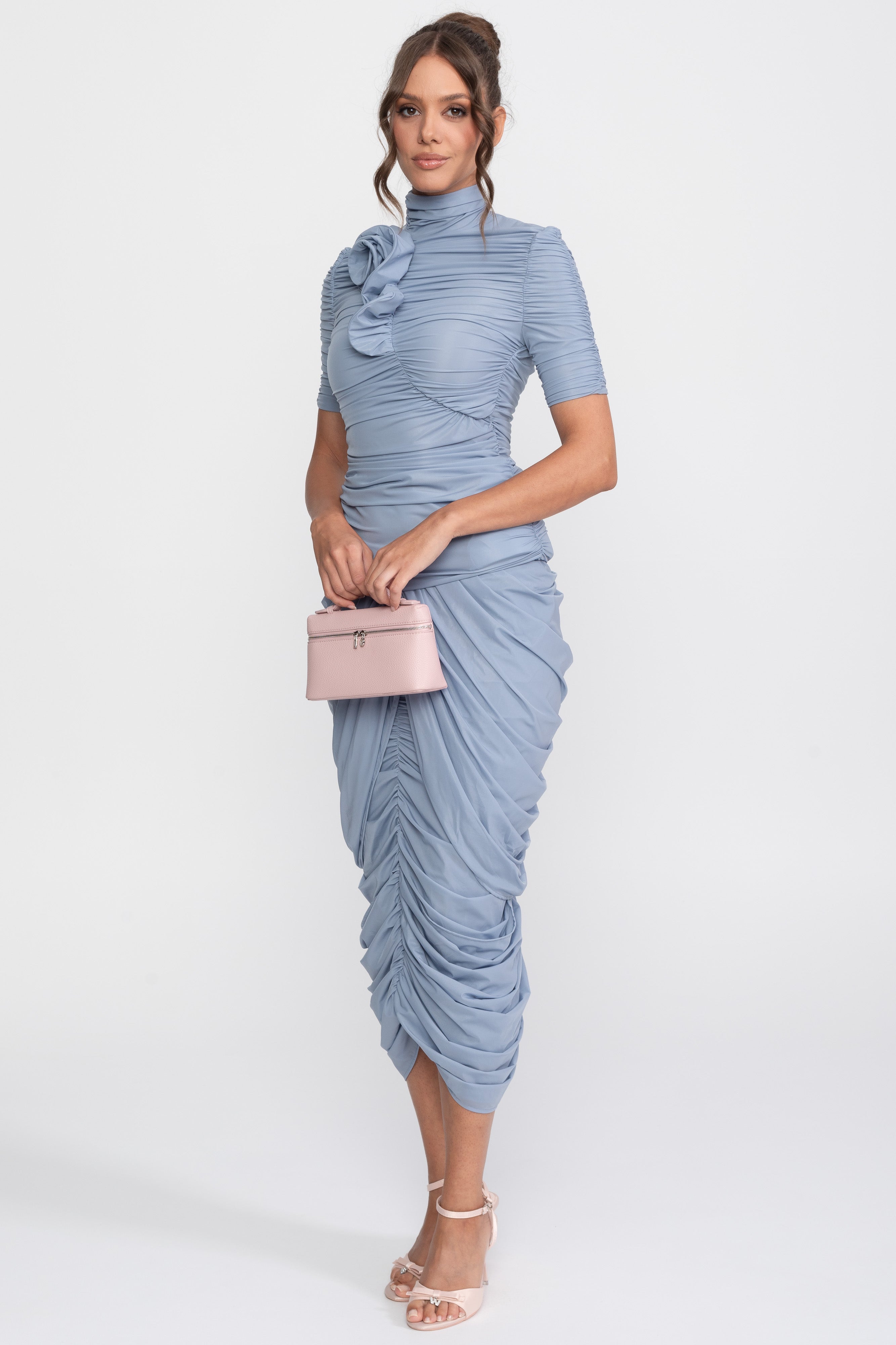Rosette Co-Ord-Set mit gerafftem Top und passendem Midirock - Blau