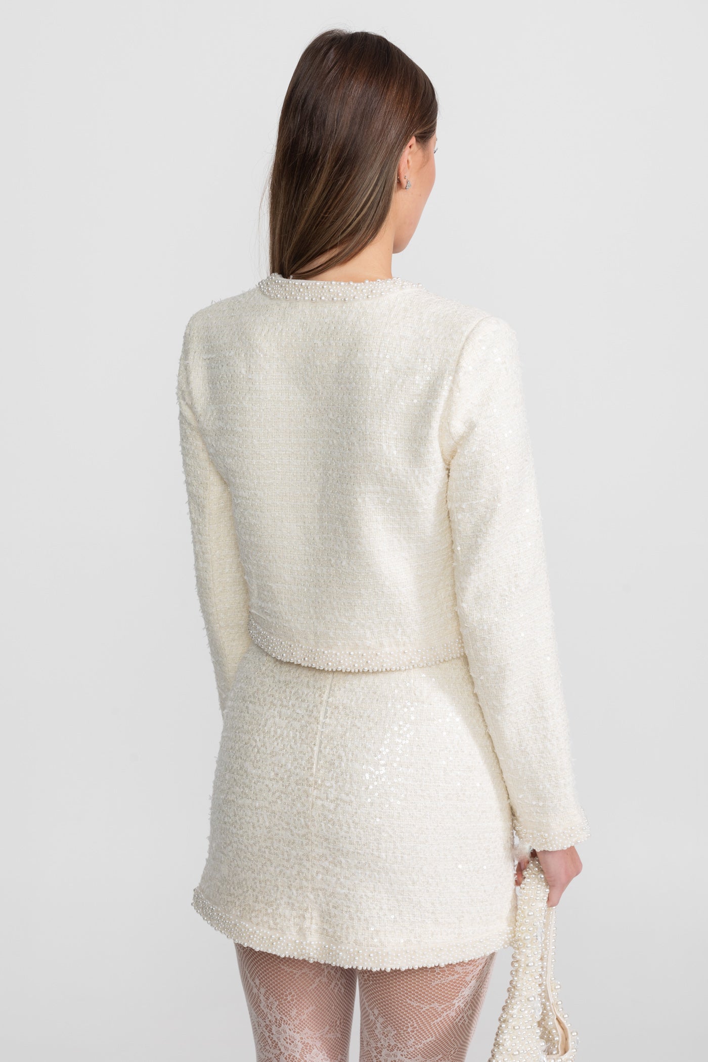 Tweed-Minirock mit Perlenbesatz und Saum - Ivoire