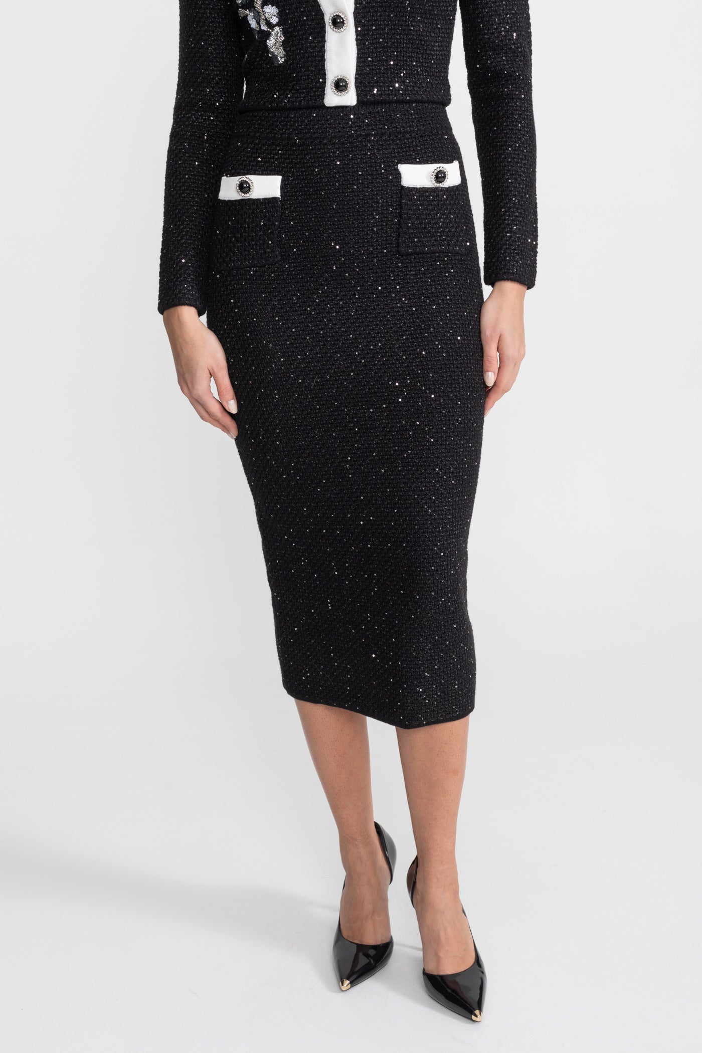 Besticktes Tweed-Strick-Co-Ord-Set mit kontrastierendem Besatz – Schwarz