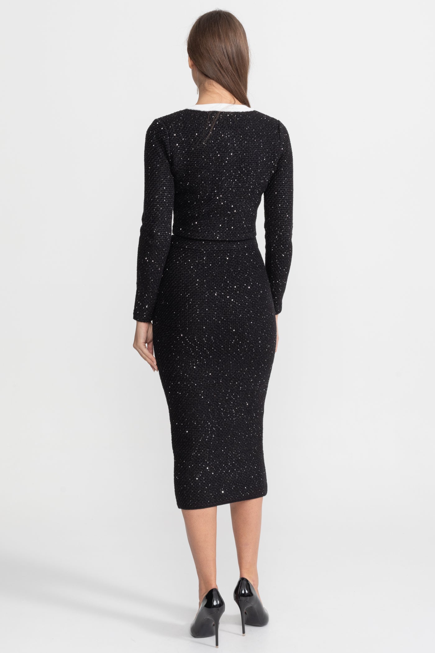 Besticktes Tweed-Strick-Co-Ord-Set mit kontrastierendem Besatz – Schwarz