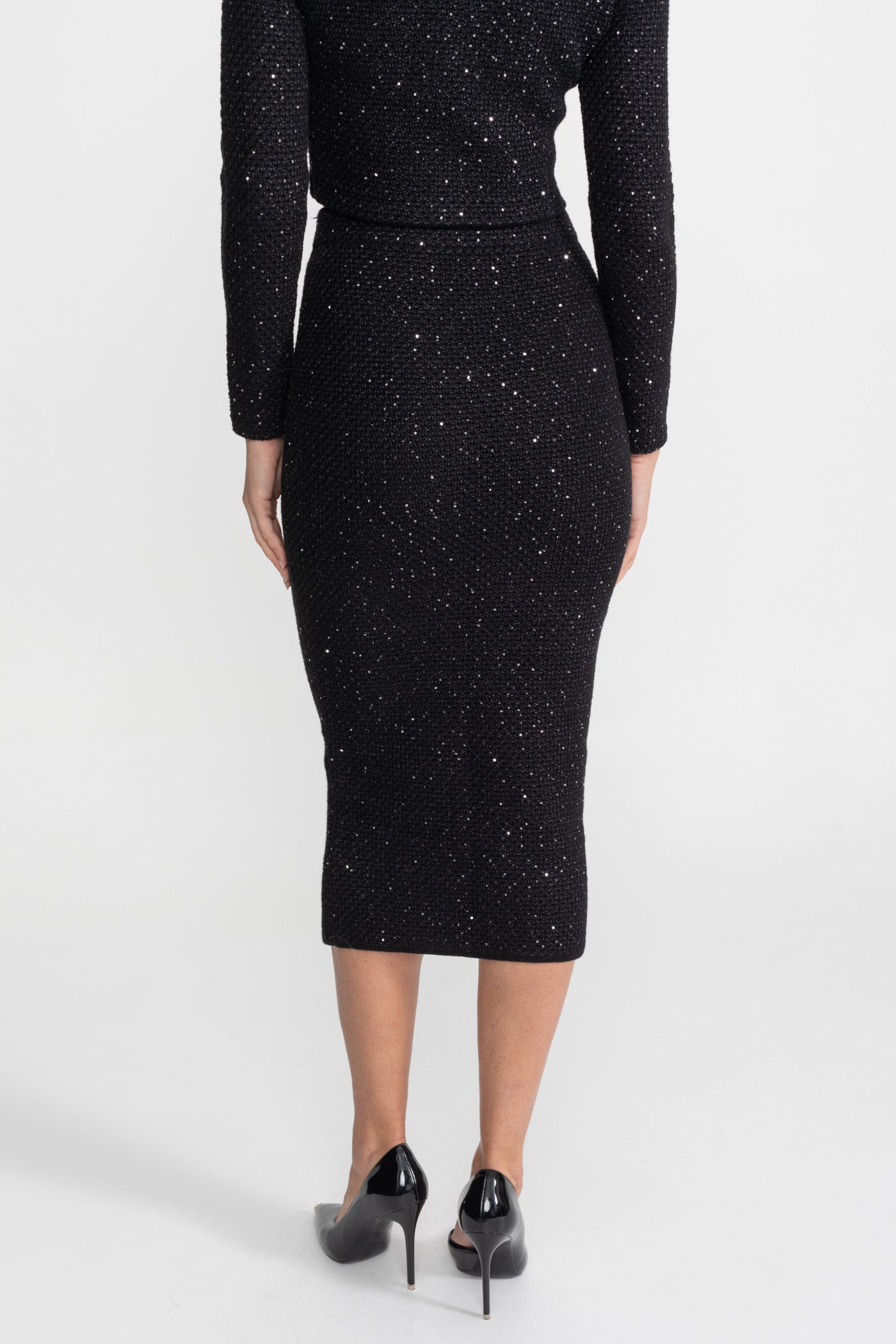 Besticktes Tweed-Strick-Co-Ord-Set mit kontrastierendem Besatz – Schwarz