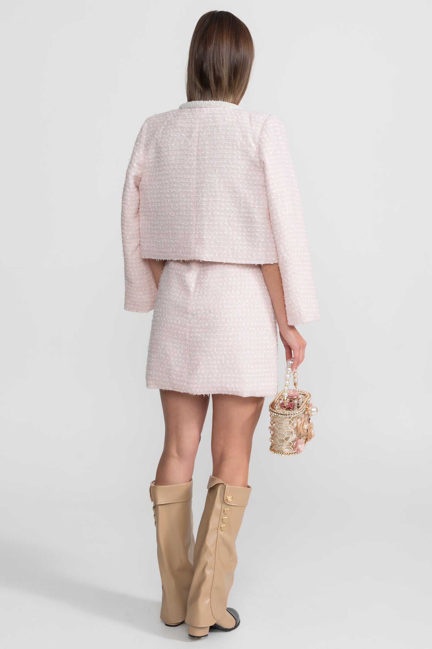 Embellished Tweed Jacket With Delicate Pearl Trim - Light Pink