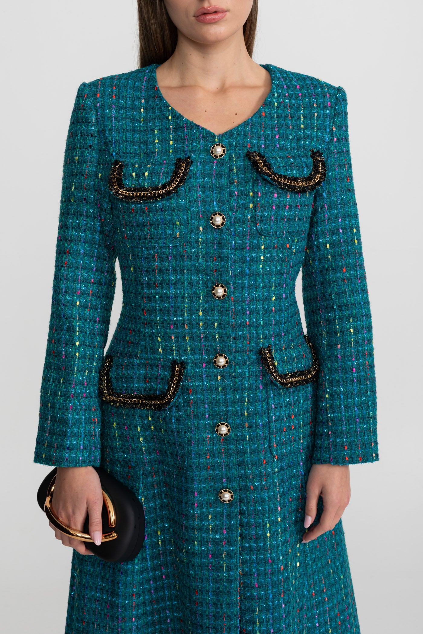Verziertes Tweed-Midikleid mit strukturierten Schultern – Teal