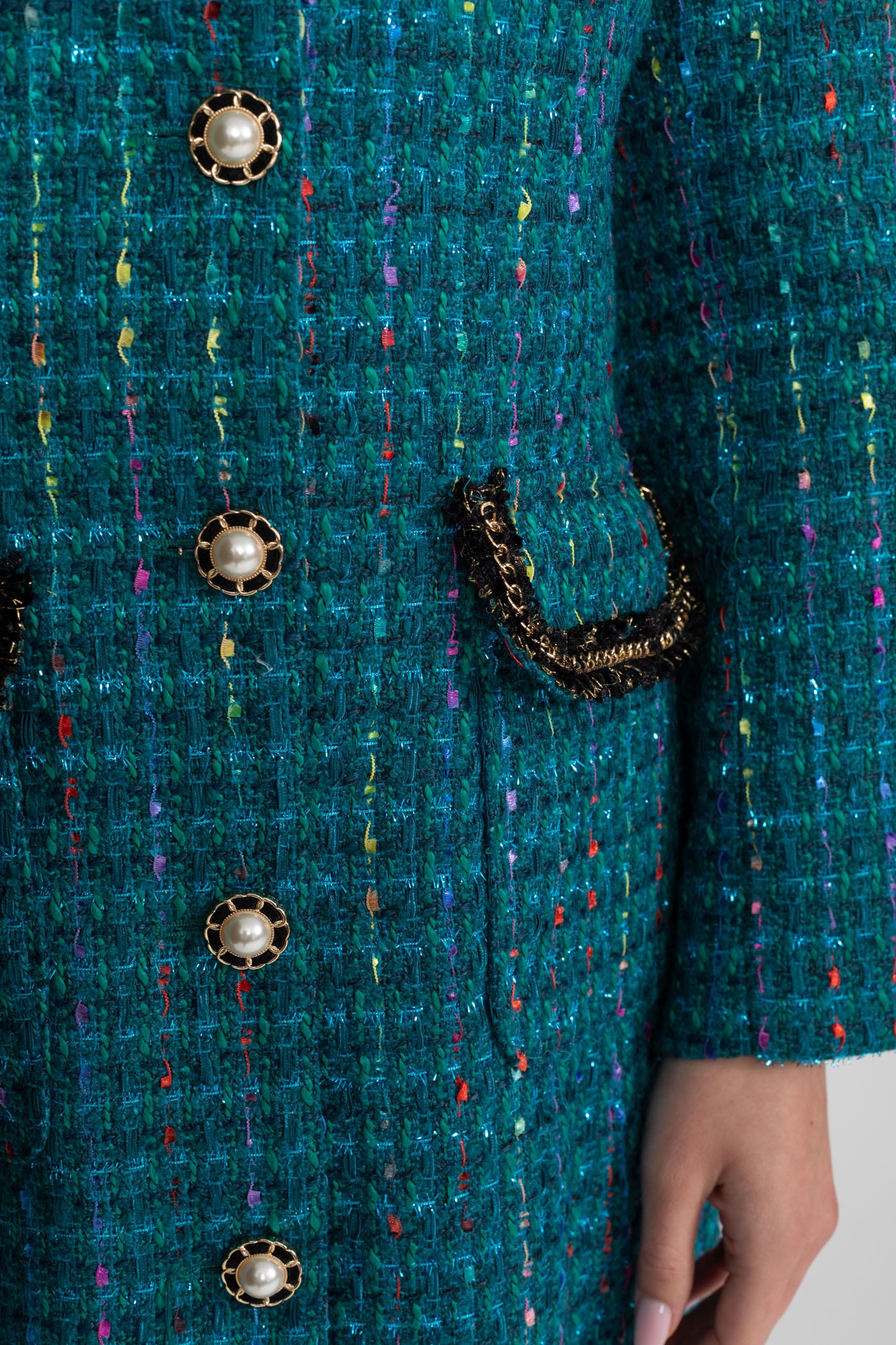 Verziertes Tweed-Midikleid mit strukturierten Schultern – Teal