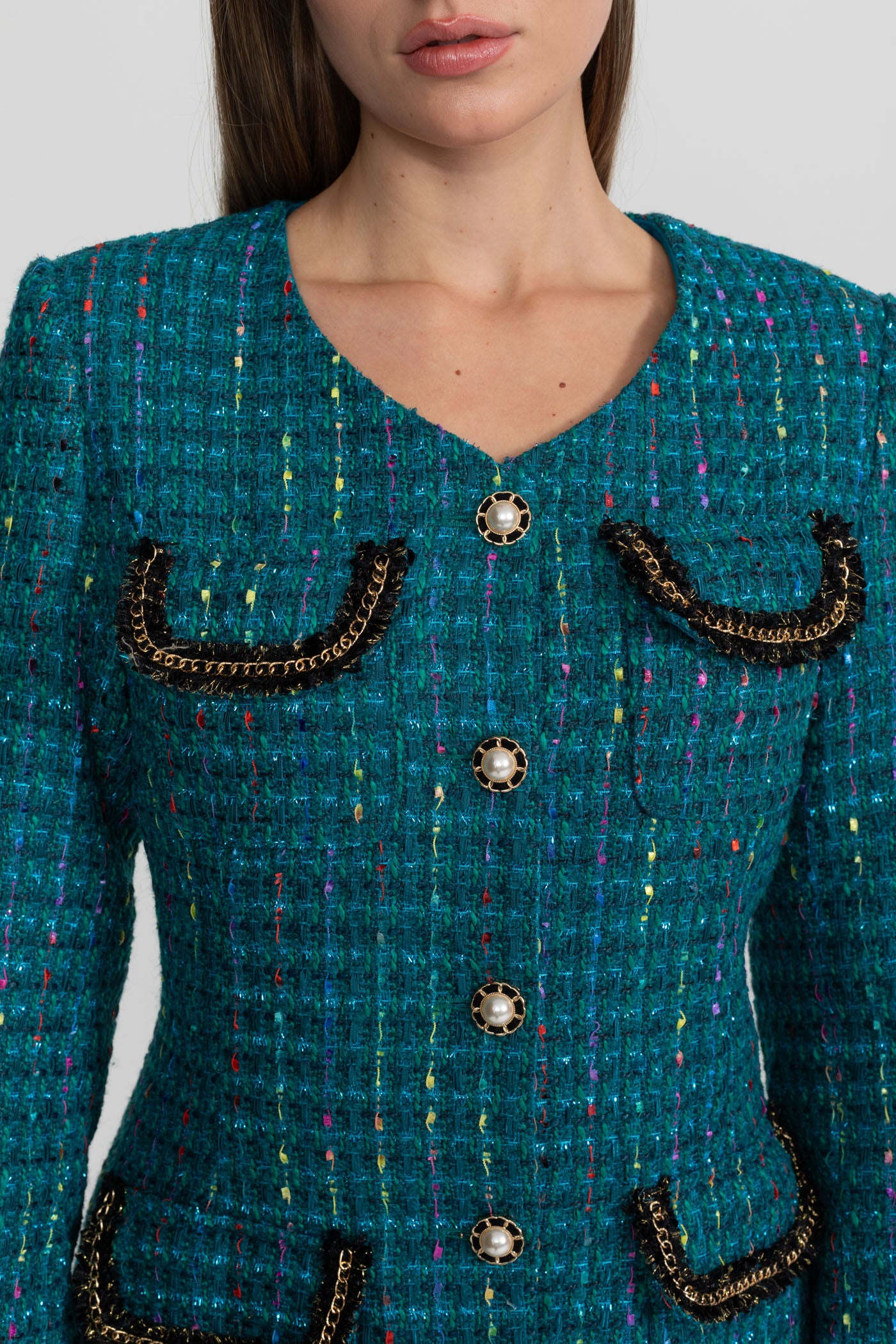 Verziertes Tweed-Midikleid mit strukturierten Schultern – Teal