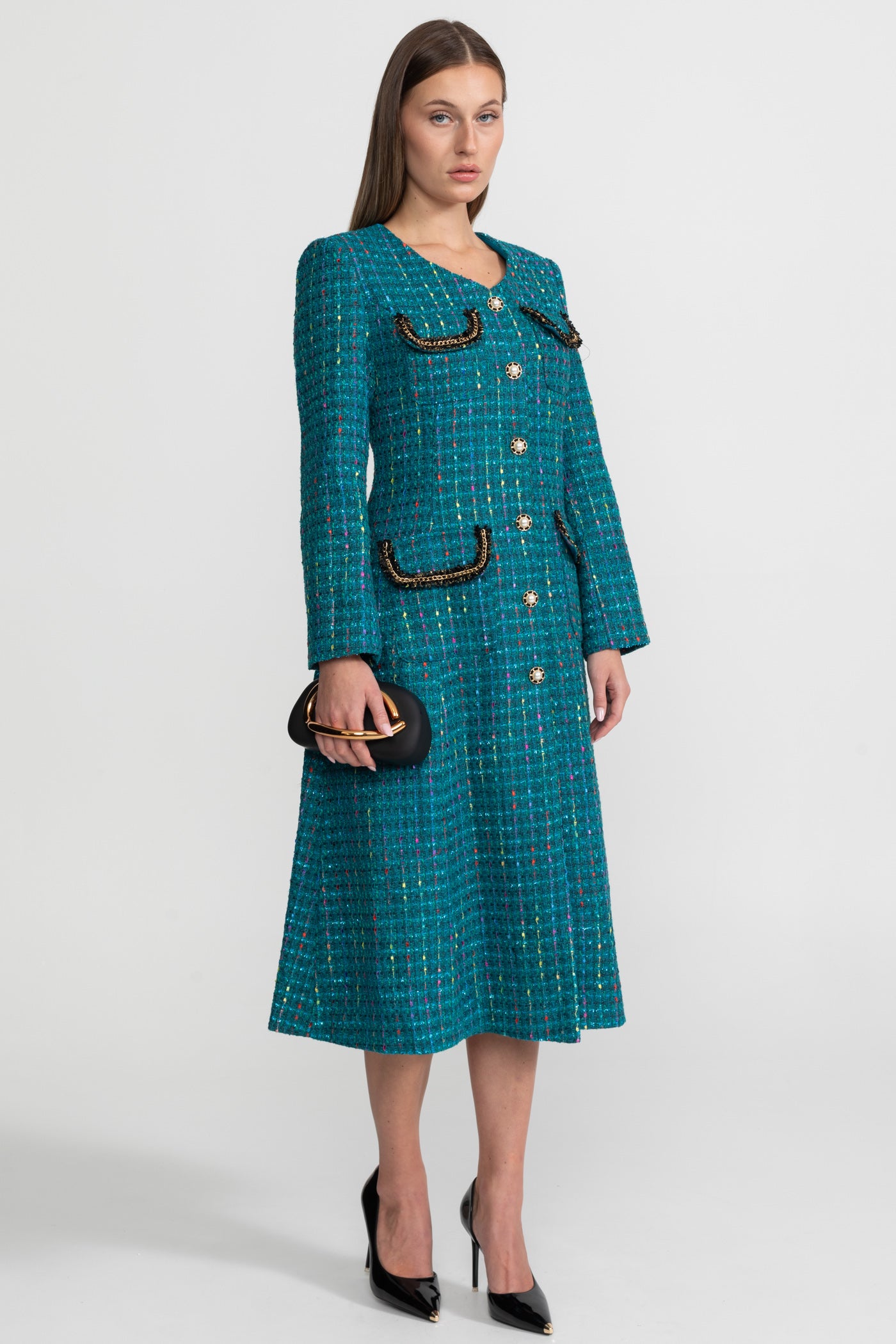 Verziertes Tweed-Midikleid mit strukturierten Schultern – Teal
