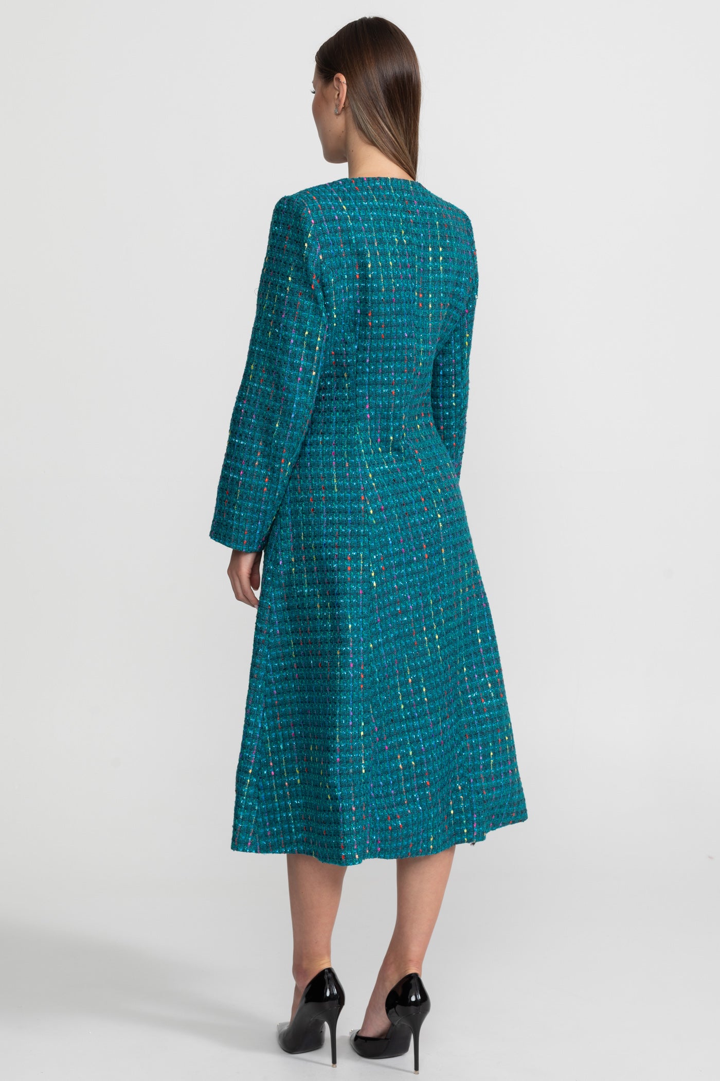 Verziertes Tweed-Midikleid mit strukturierten Schultern – Teal