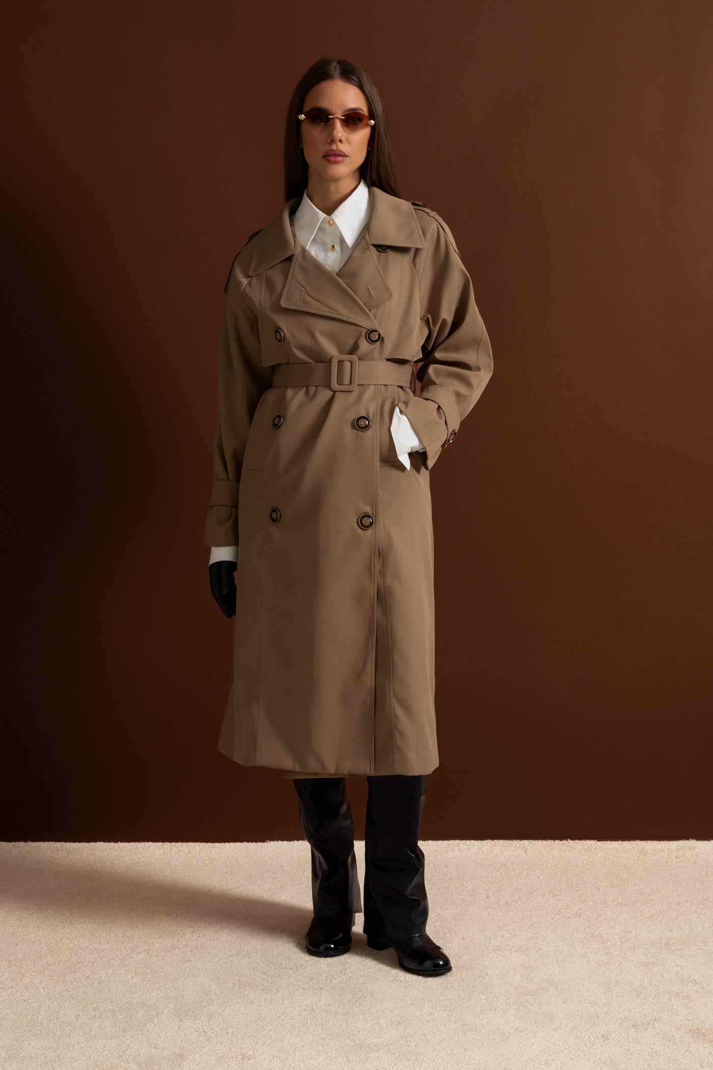 Double-Breasted Mid-Cut Trench Coat With Belted Waist – Khaki