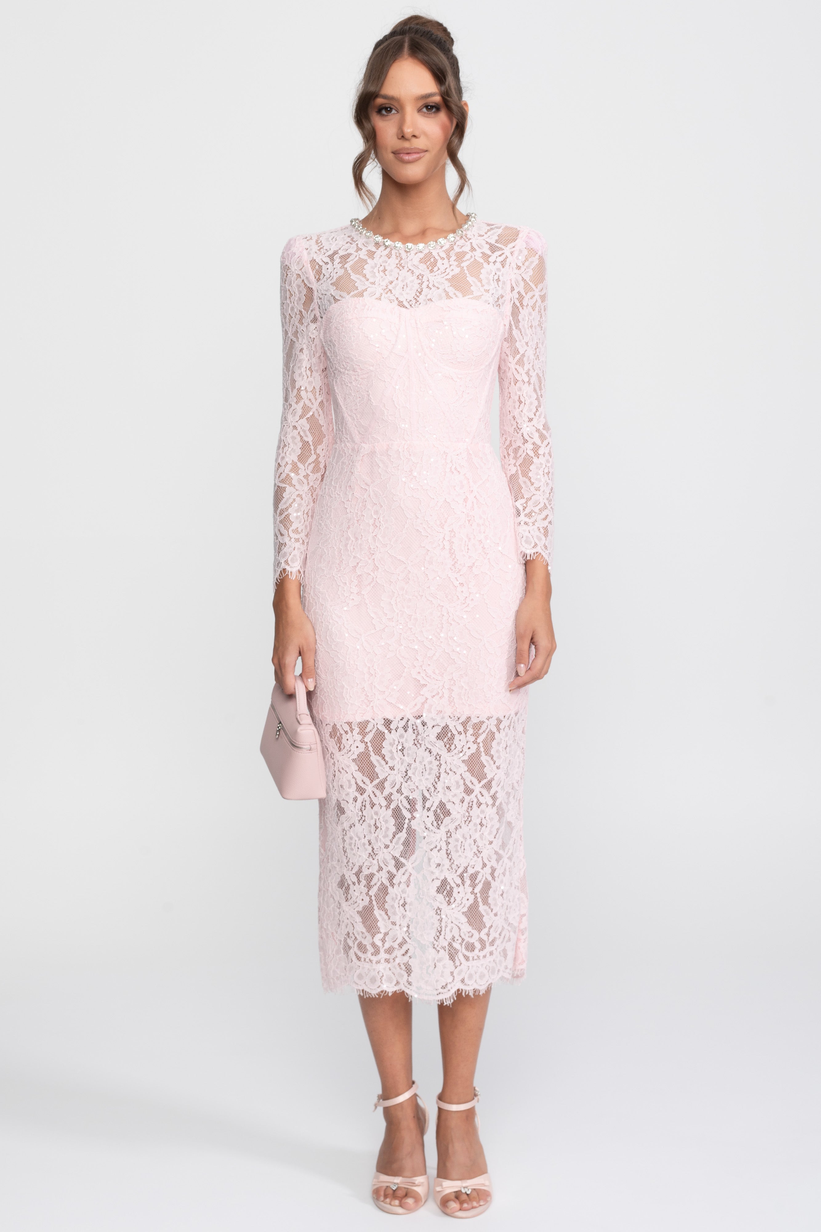 Midikleid mit Spitzenbesatz und Kristall-Ausschnitt - Rosa