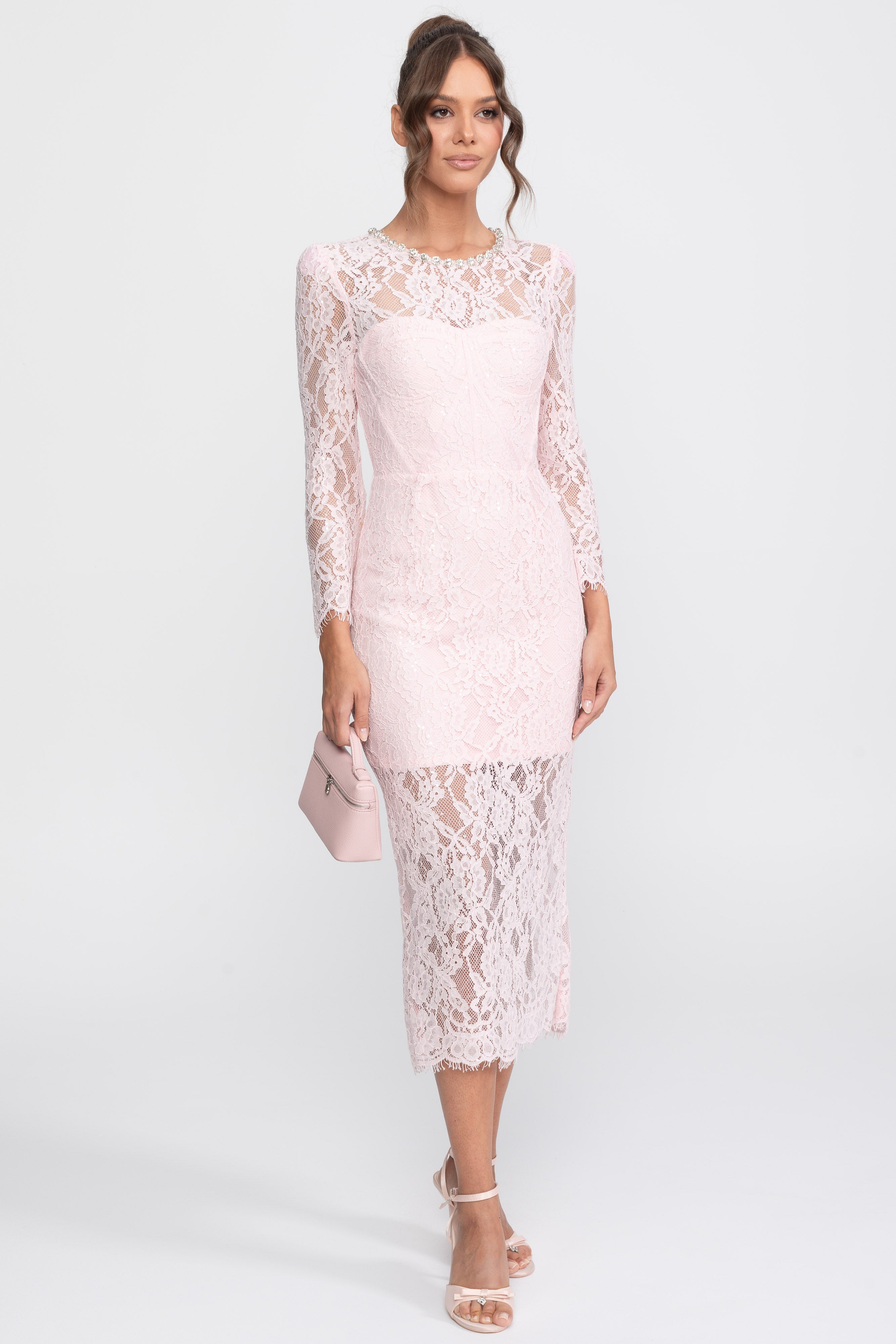 Midikleid mit Spitzenbesatz und Kristall-Ausschnitt - Rosa