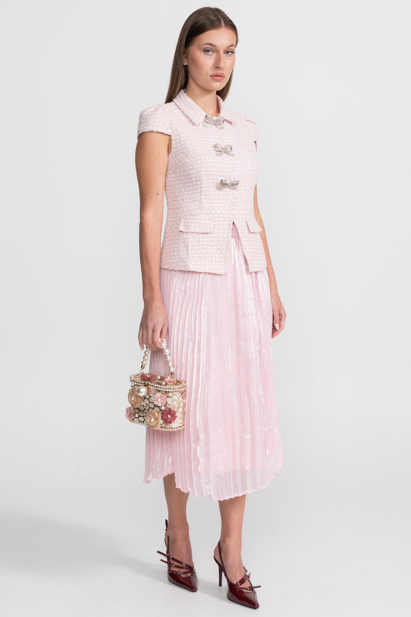 Tweed and Organza Co-ord Set with Crystal Bow Buttons - Pink