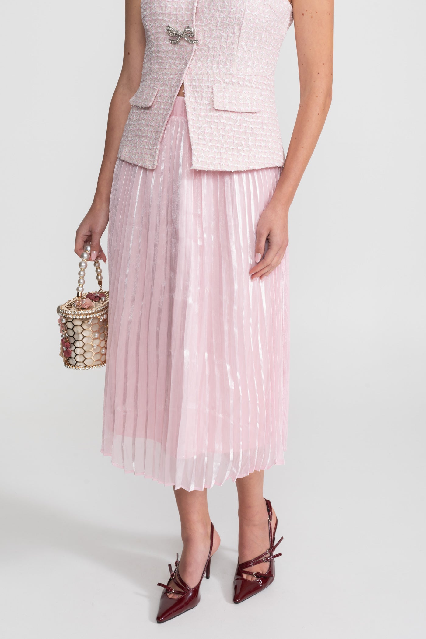 Tweed- und Organza-Koordinationsset mit Kristall-Schleifenknöpfen – Pink