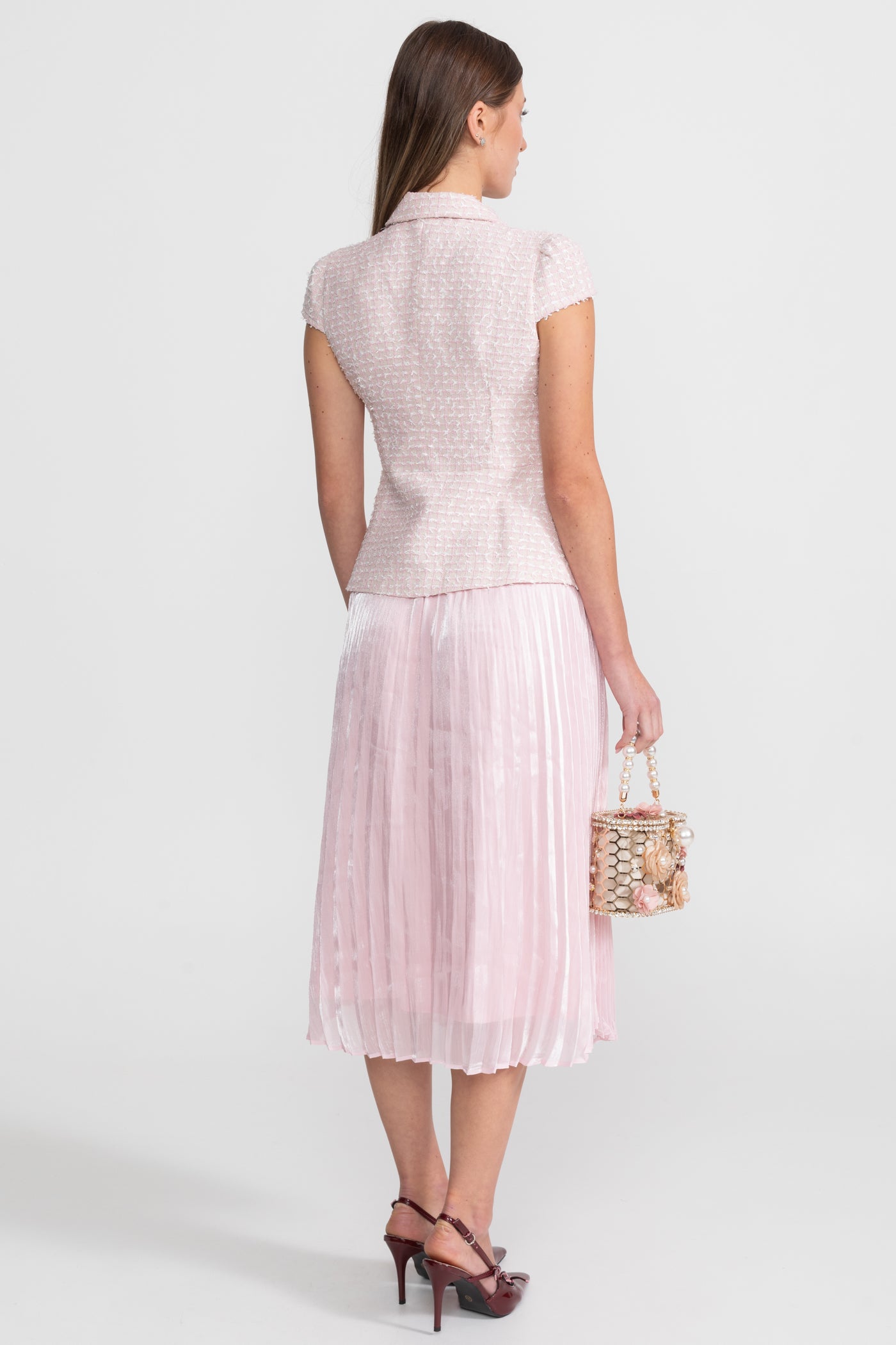 Tweed- und Organza-Koordinationsset mit Kristall-Schleifenknöpfen – Pink