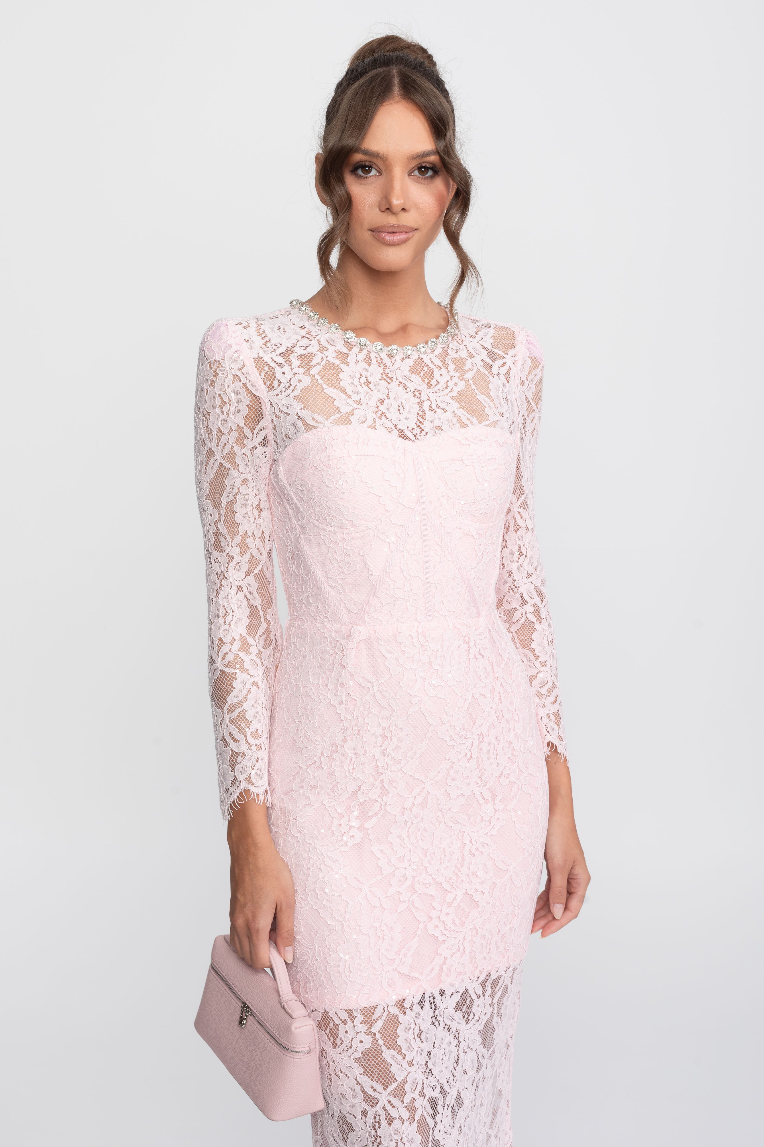 Midikleid mit Spitzenbesatz und Kristall-Ausschnitt - Rosa