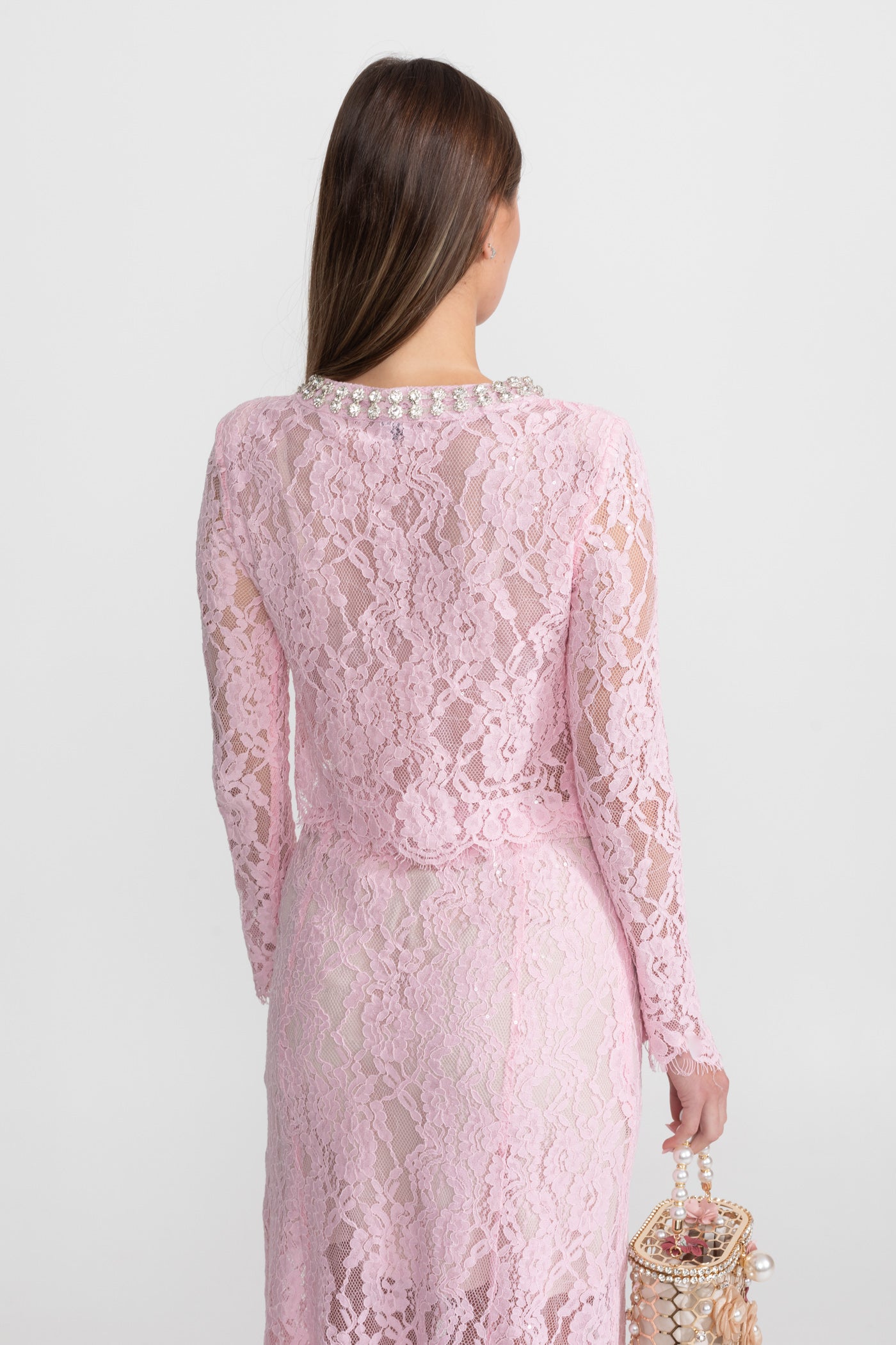 Spitzen-Co-ord-Set mit verziertem Kragen und Knöpfen – Pink