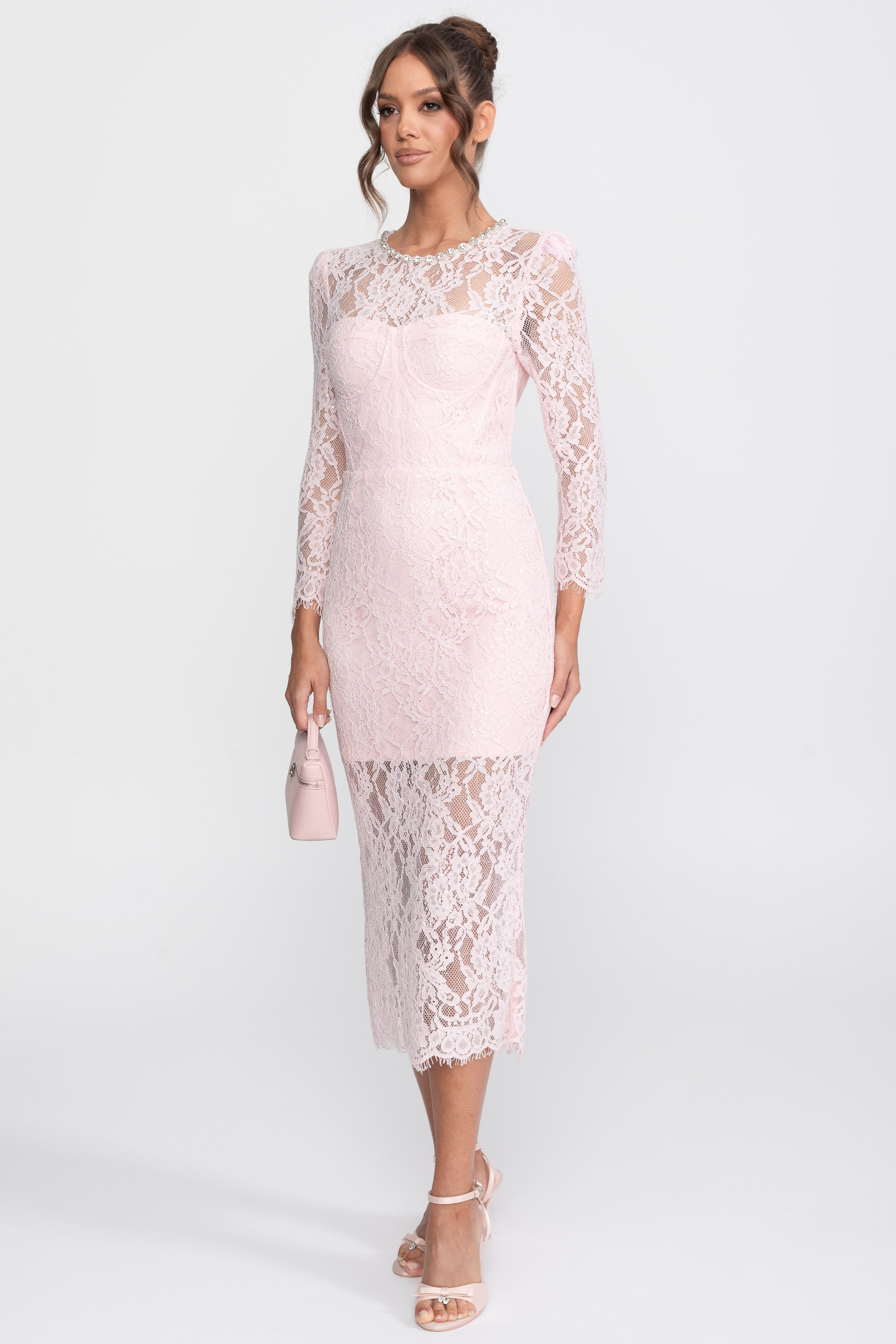 Midikleid mit Spitzenbesatz und Kristall-Ausschnitt - Rosa