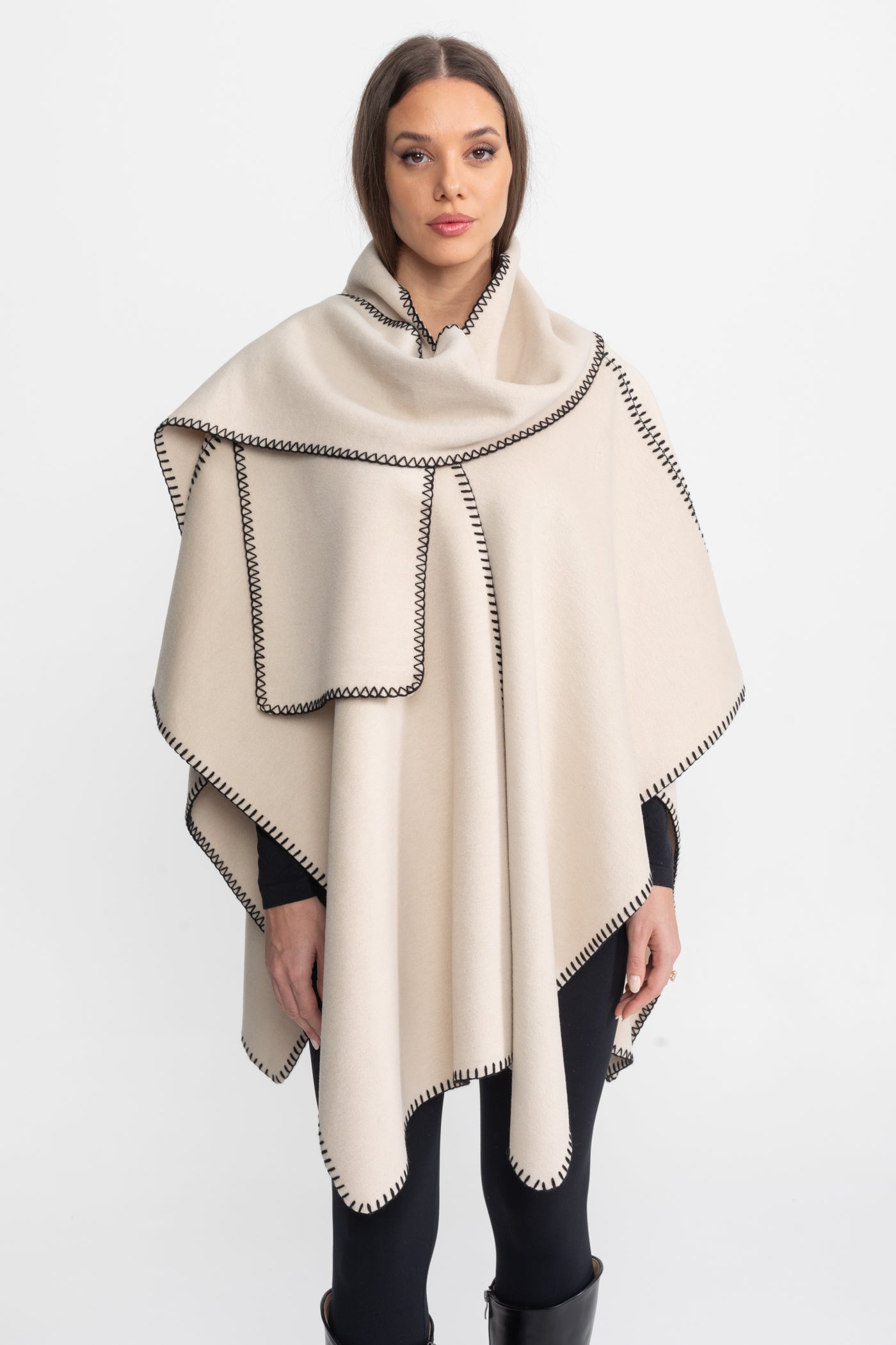 Wool Blend Poncho with Contrast Whipstitch Edging – Ivoire