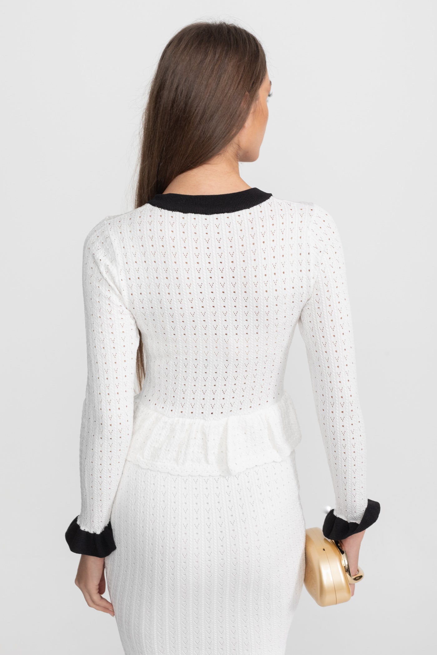 Pointelle Knit Midi Co-Ord with Contrast Trim – White