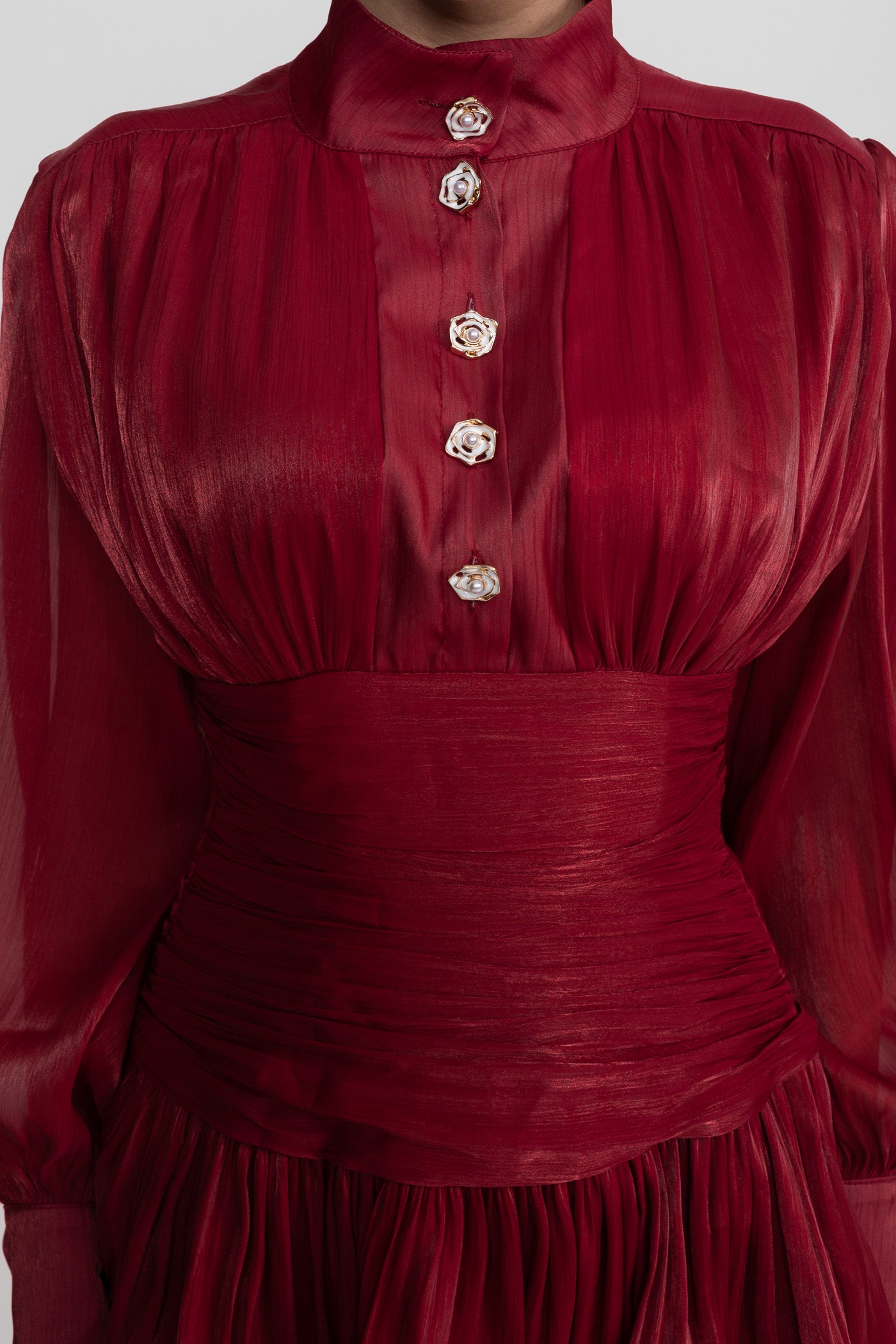 Langes, drapiertes Minikleid mit Stufenvolants am Rock – Rot