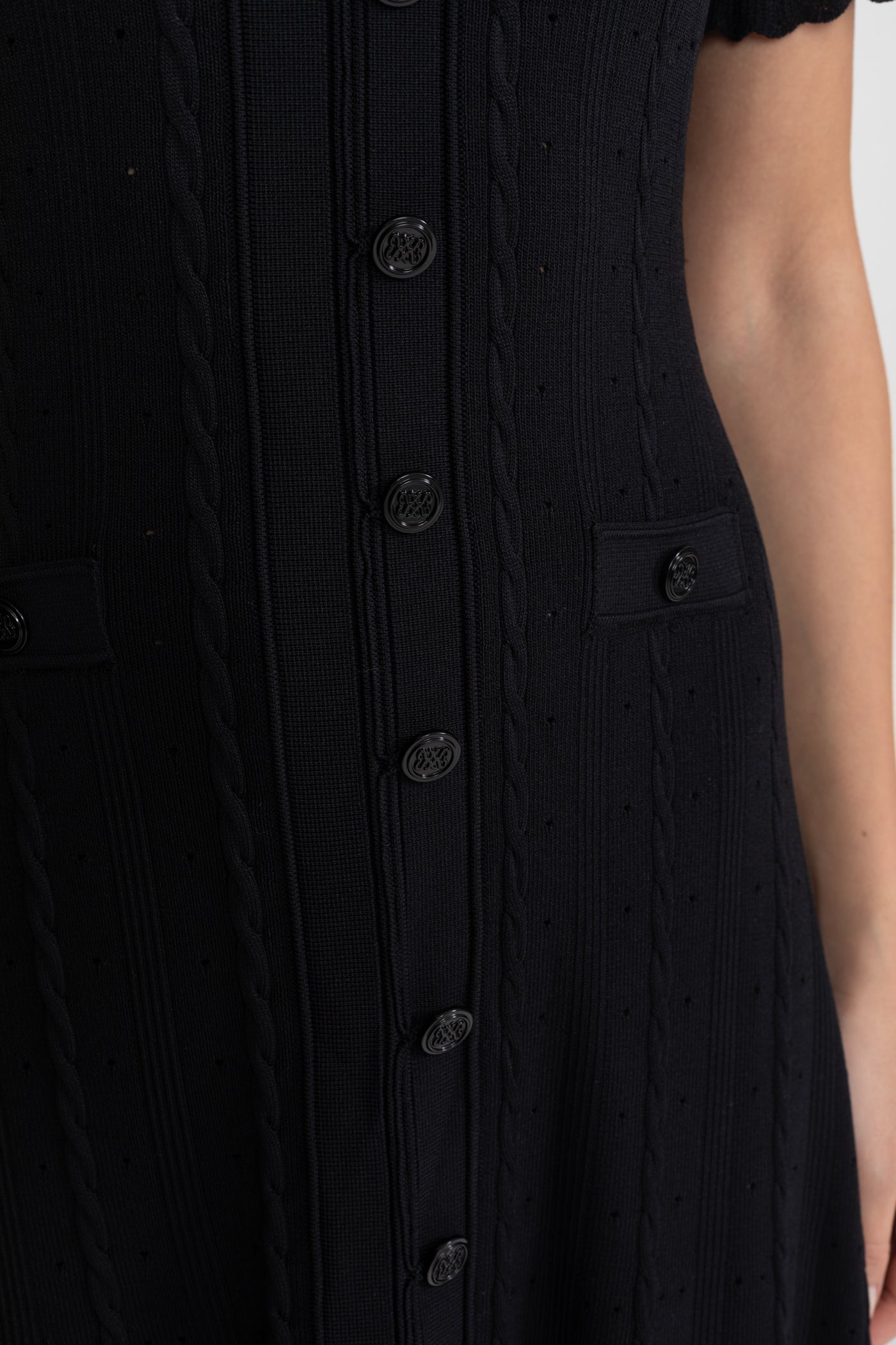 Knit Button-Front Midi Dress with Scalloped Sleeves – Black
