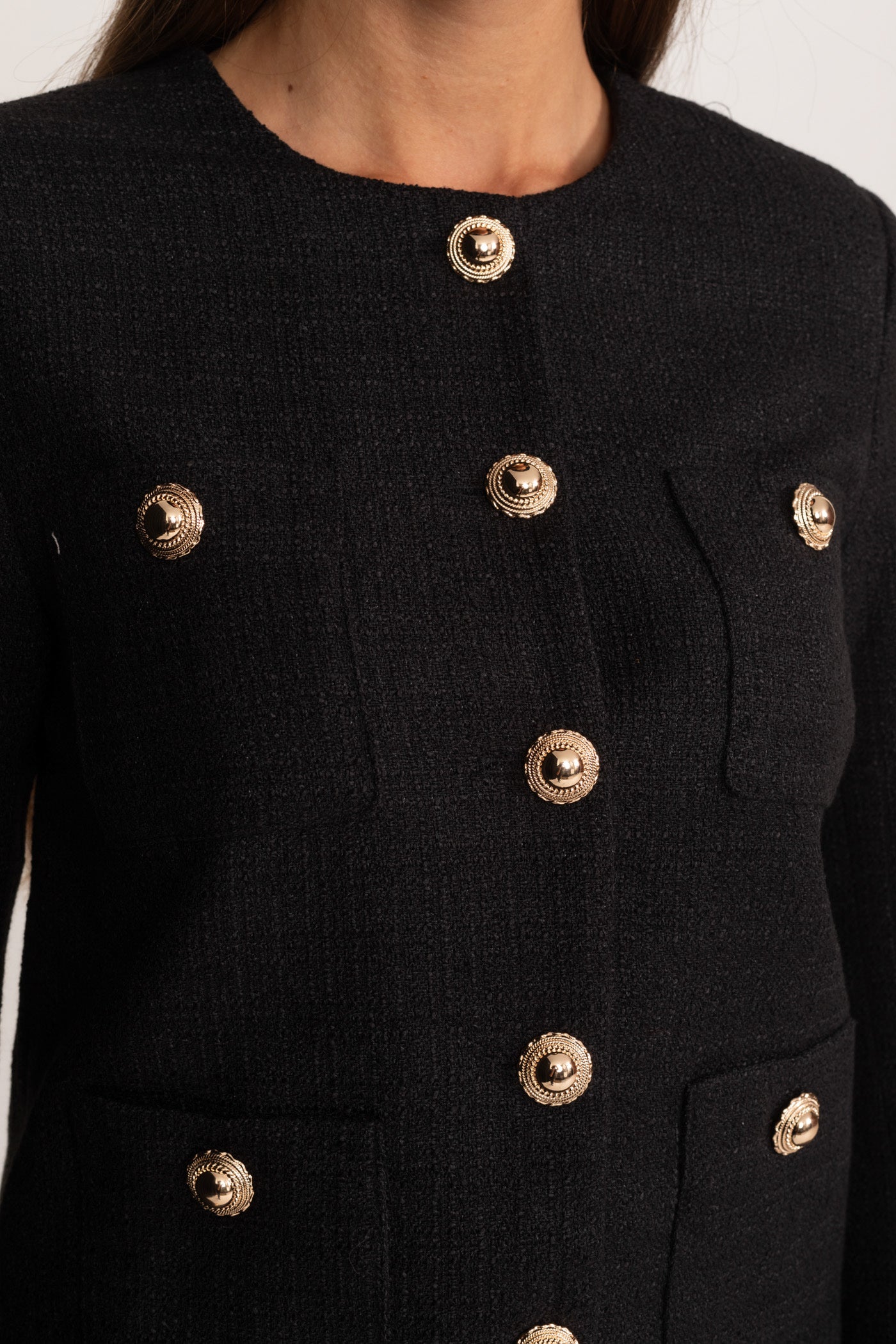 Tweed-Blazer mit Kunstpelzmanschetten und goldenen Knöpfen – Schwarz