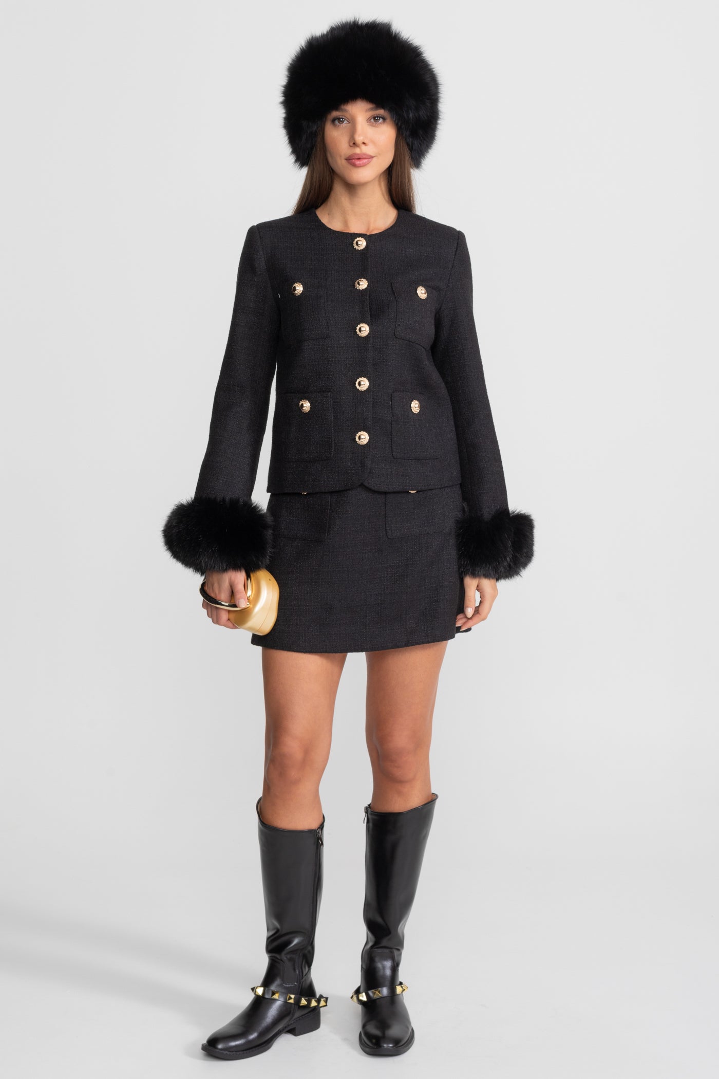 Tweed-Minirock mit goldenen Knöpfen – Schwarz