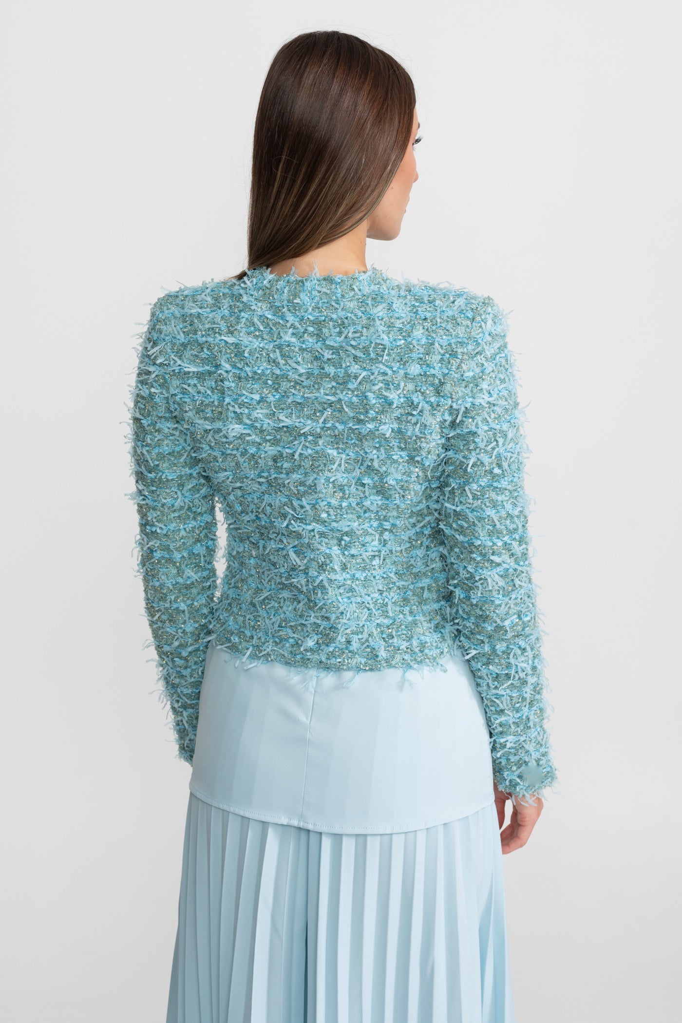 Textured Tweed Jacket With Gold Button Embellishments – Blue