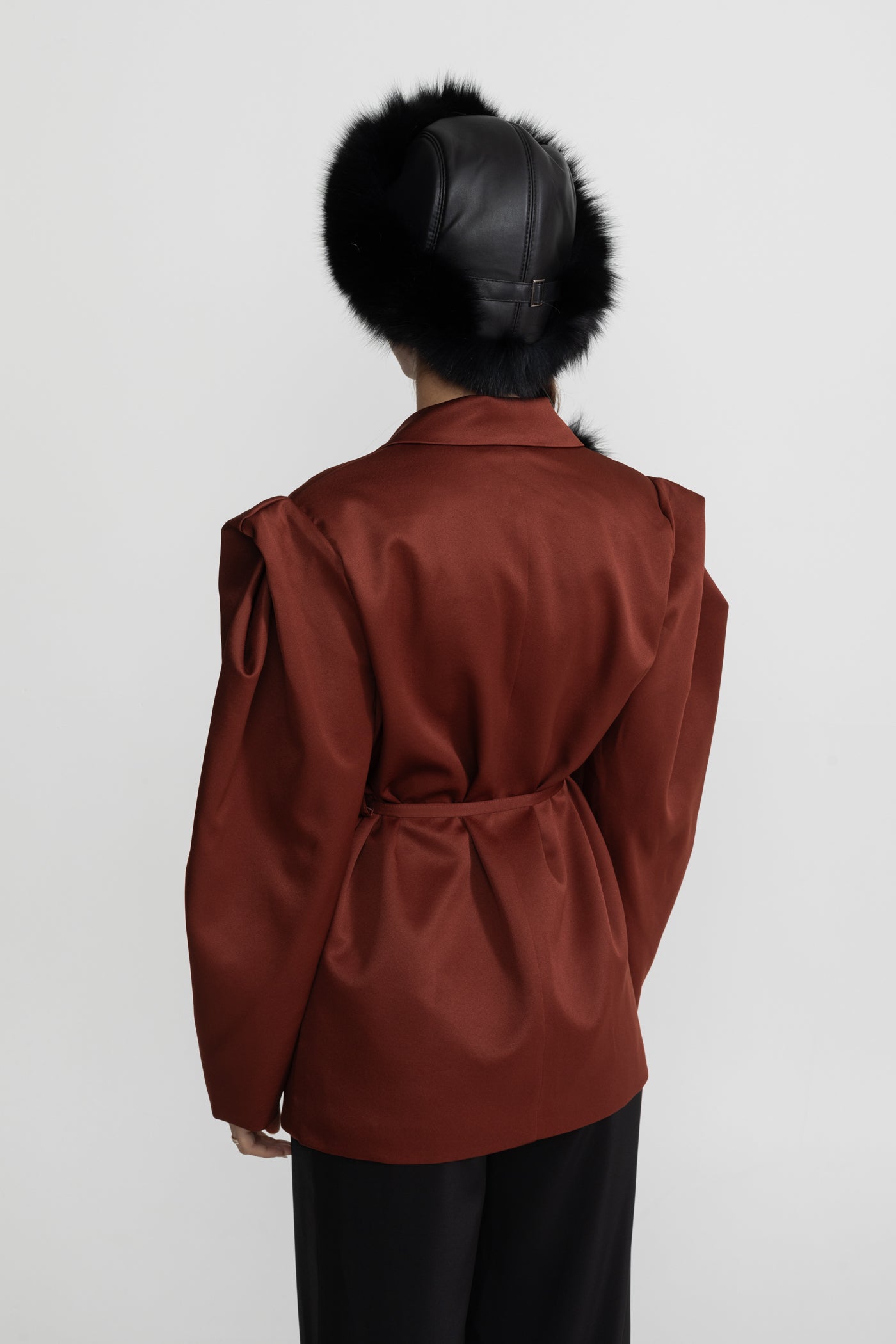 Structured Satin Blazer With Tie Belt - Chestnut Brown