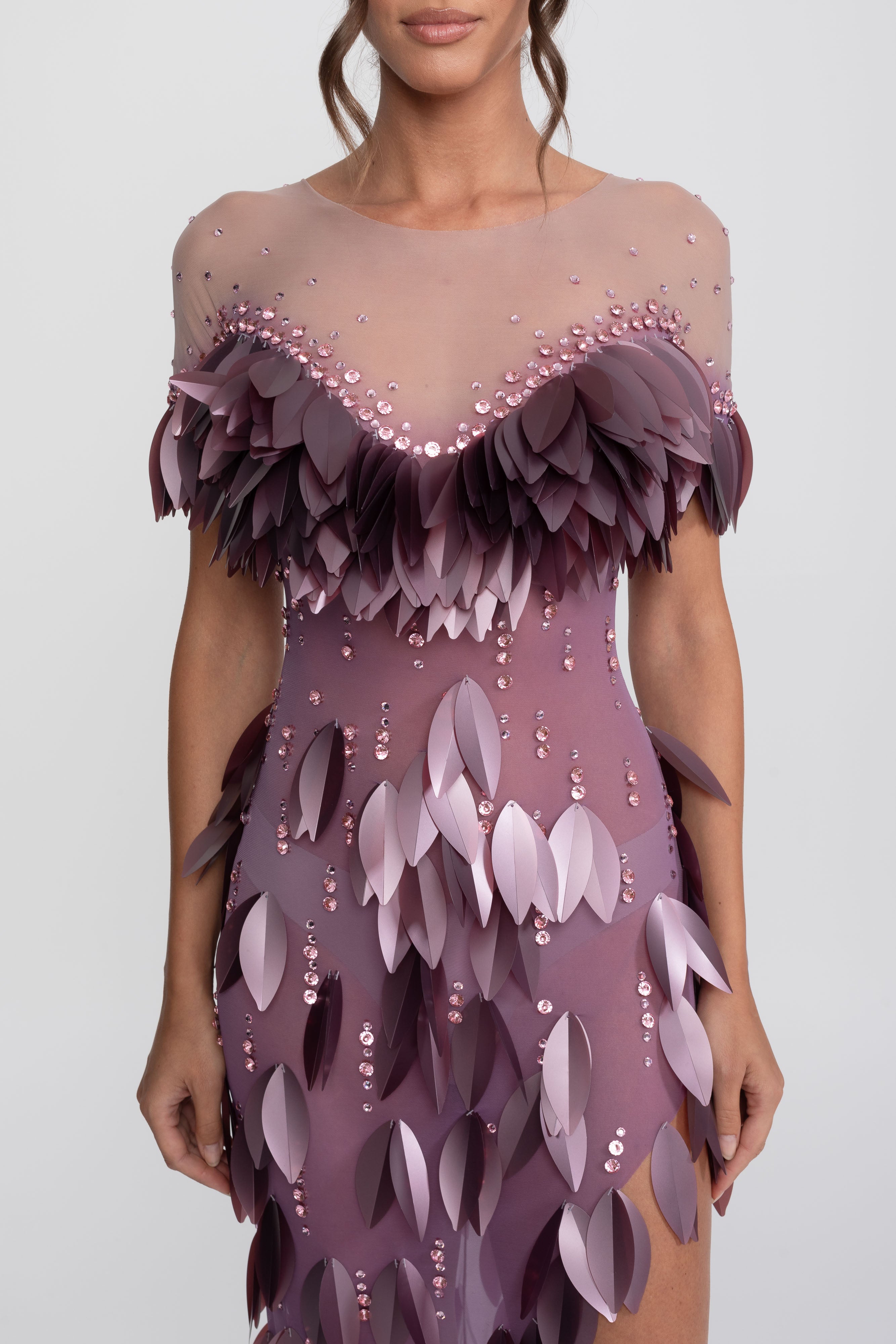 3D-Petal-Perlen-Slit-Kleid mit kurzen Ärmeln - Lila